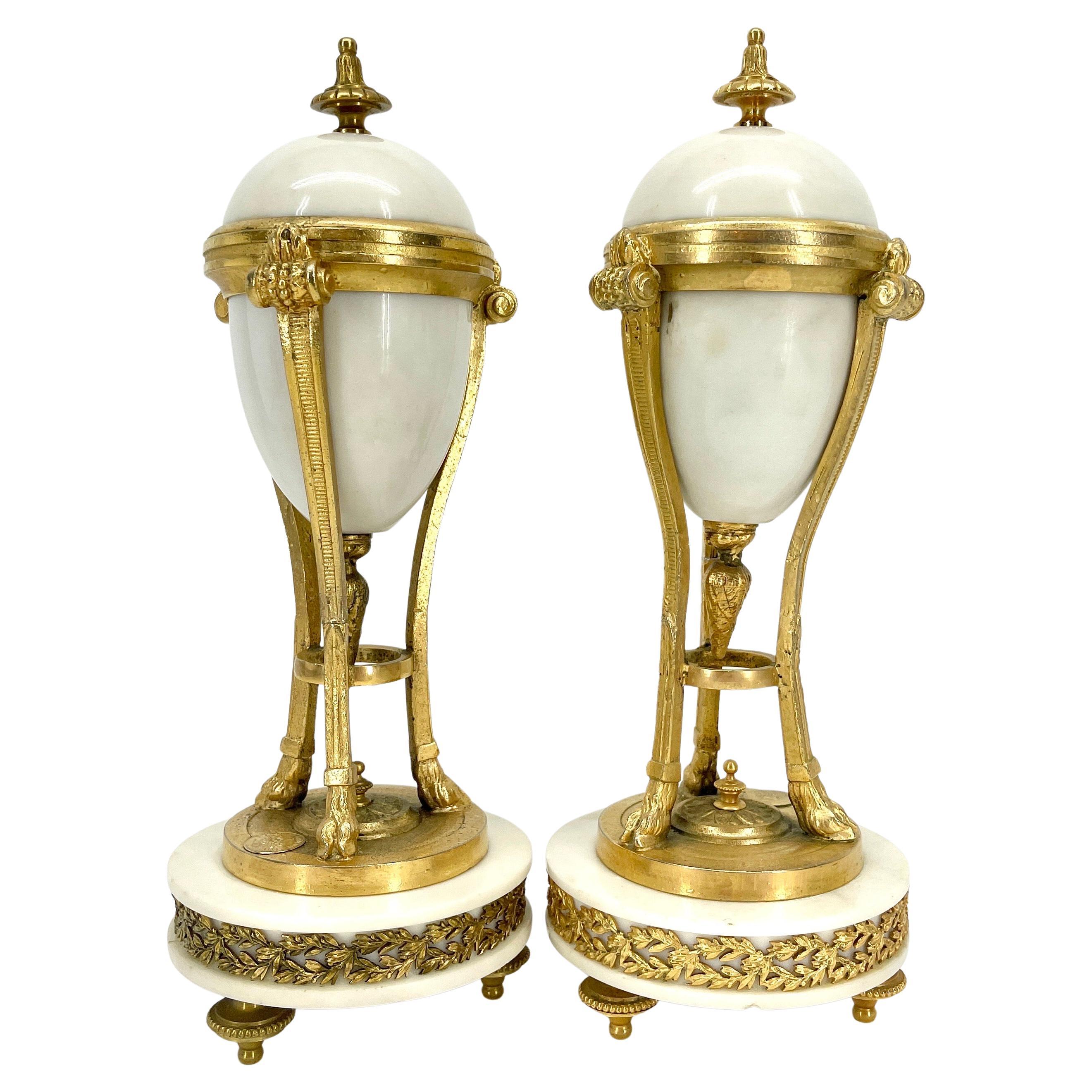 French Louis XVI Style Gilt Bronze-Mounted White Marble Urns In Good Condition In Haddonfield, NJ