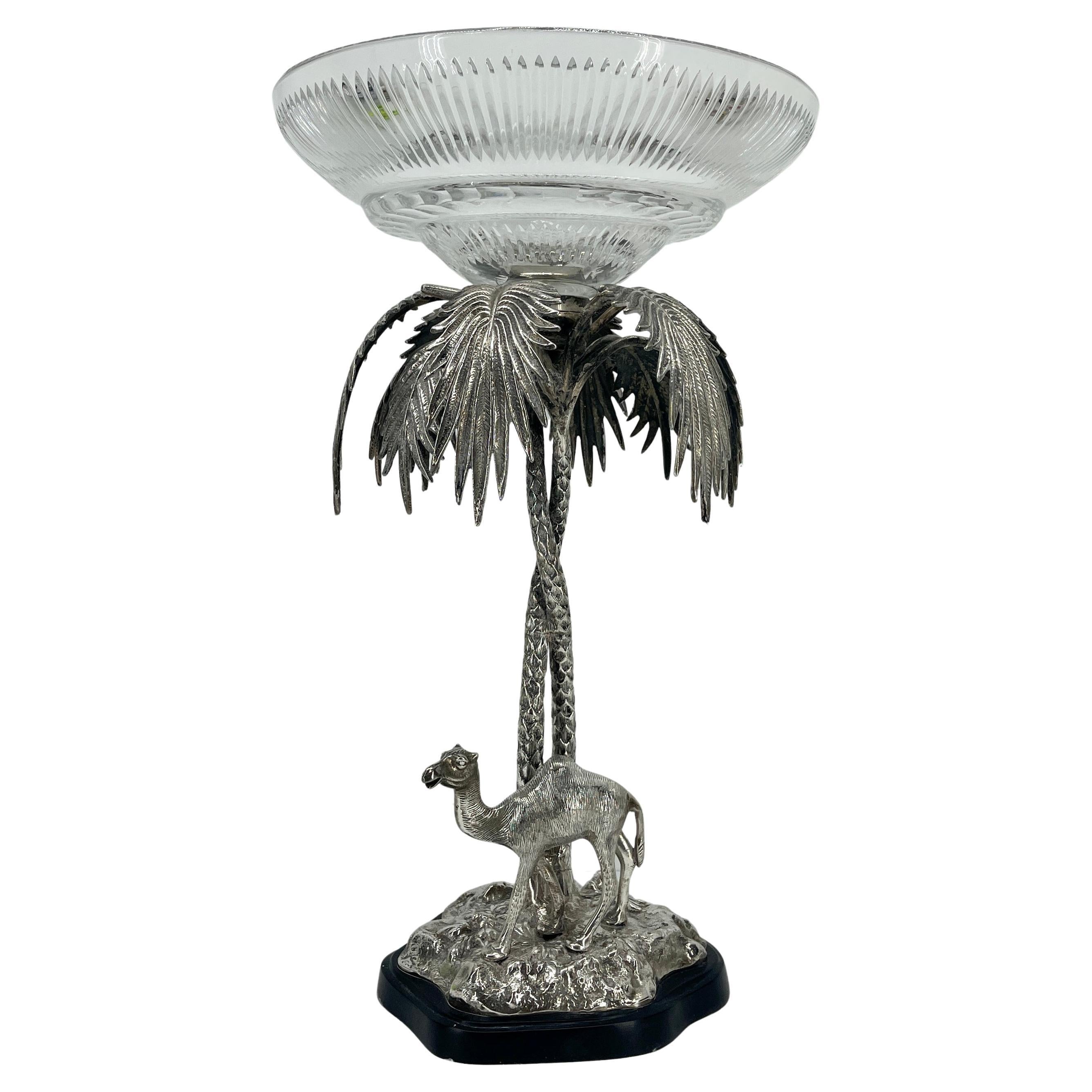 Large Elkington Epergne Centerpiece With Camel, Palm Tree and Glass Bowl For Sale