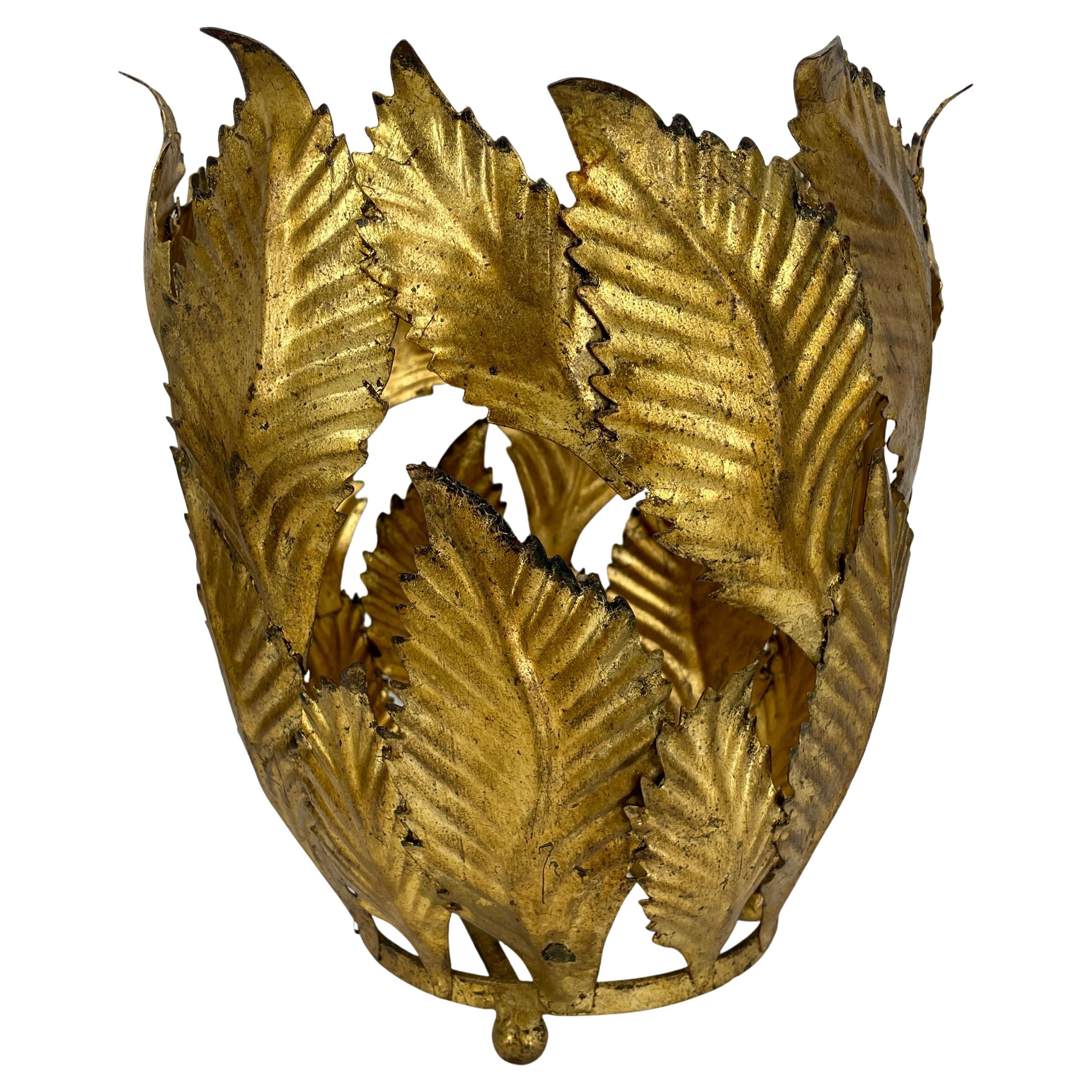 Italian Gold Gilt Tole Planter Cachepots with Leaves, Mid-Century Modern 
