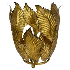 Retro Italian Gold Gilt Tole Planter Cachepots with Leaves, Mid-Century Modern 