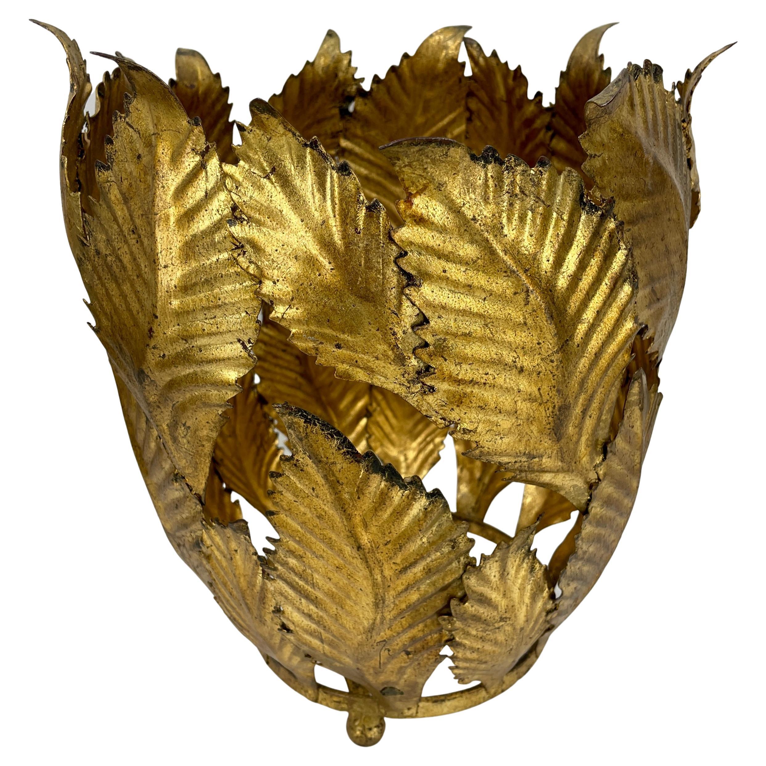 Hollywood Regency Italian Gold Gilt Tole Planter Cachepots with Leaves, Mid-Century Modern  For Sale