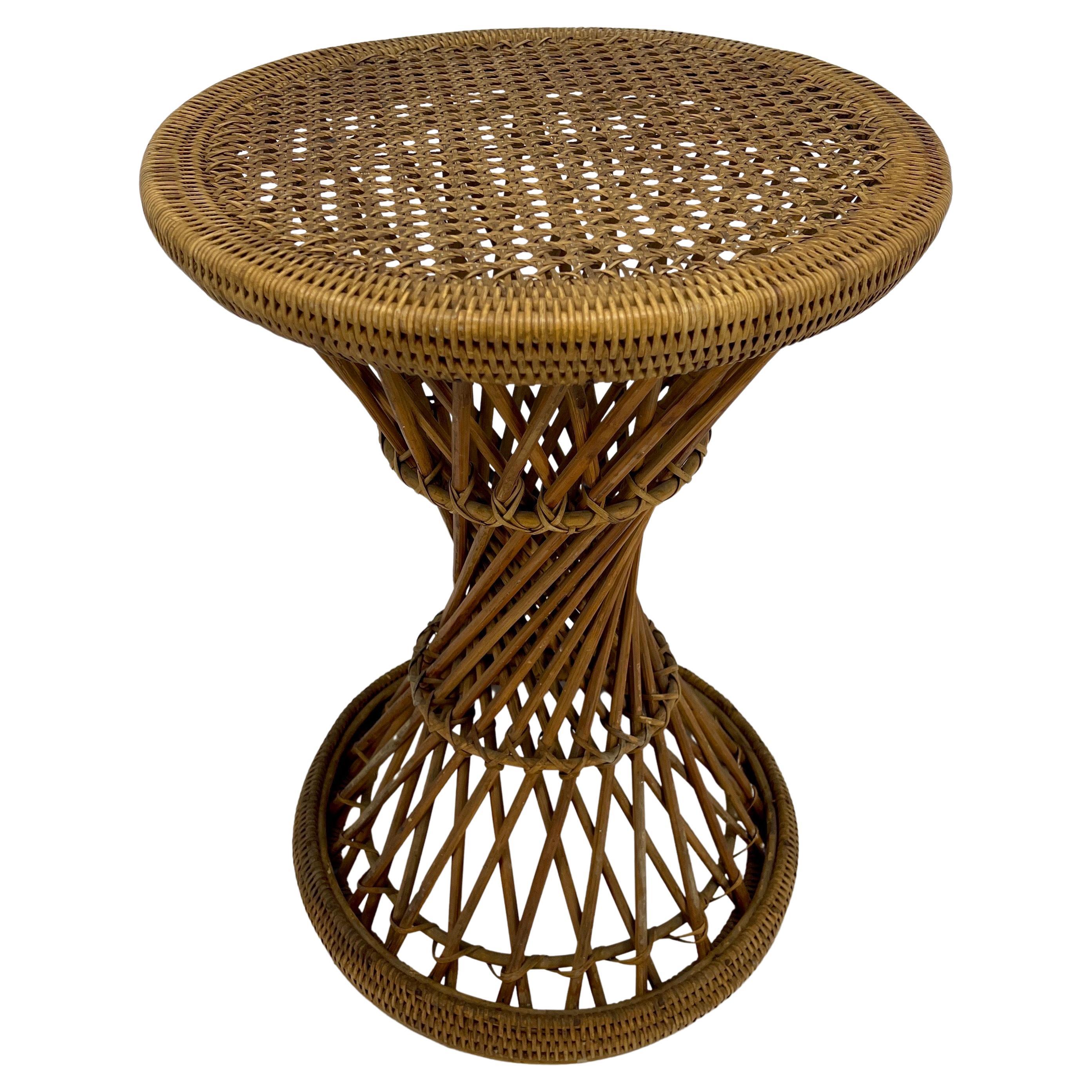 Vintage Bohemian round handcrafted wicker drum stool. The stool can also be used as a side table.
