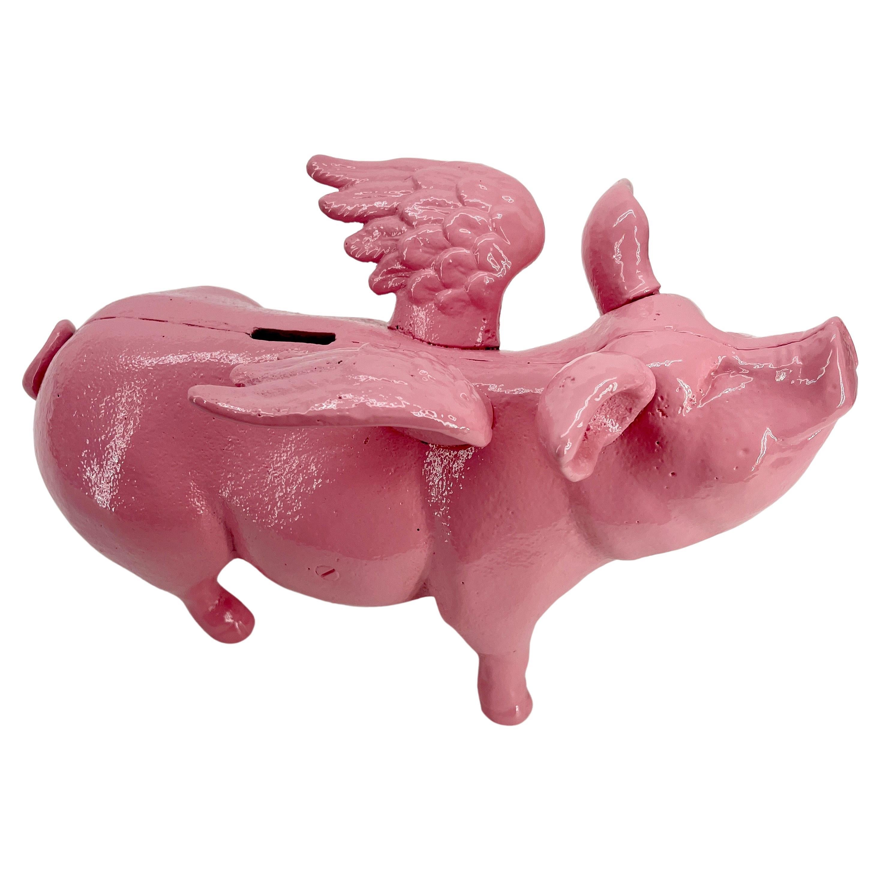 Large Pink Cast Iron Pig Money Bank or Doorstop with Wings, Denmark