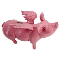 Vintage Large Pink Cast Iron Pig Money Bank or Doorstop with Wings, Denmark