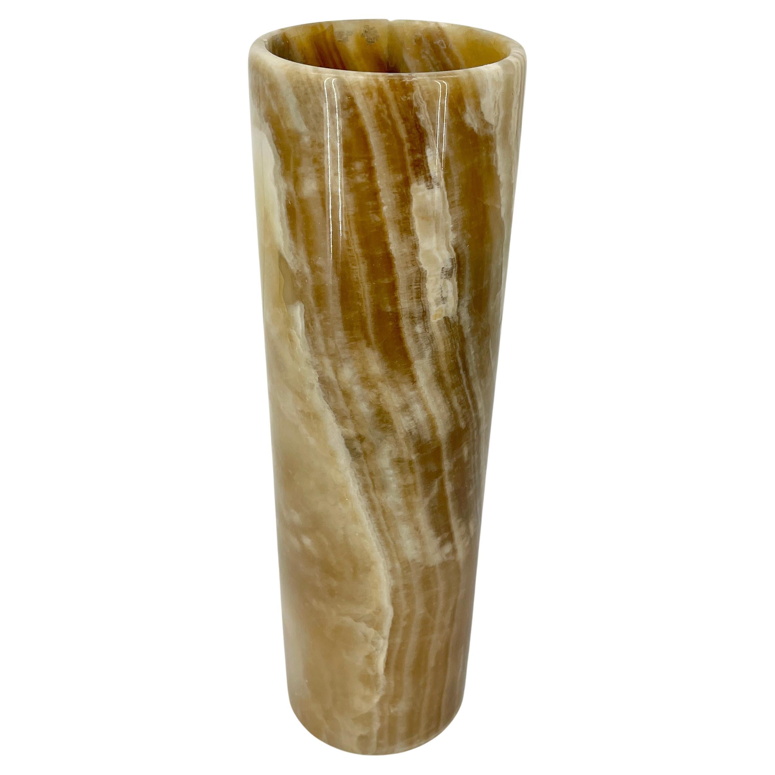 Vintage Hand Crafted Onyx Cylindric Decorative Vase, Italy 1970's For Sale