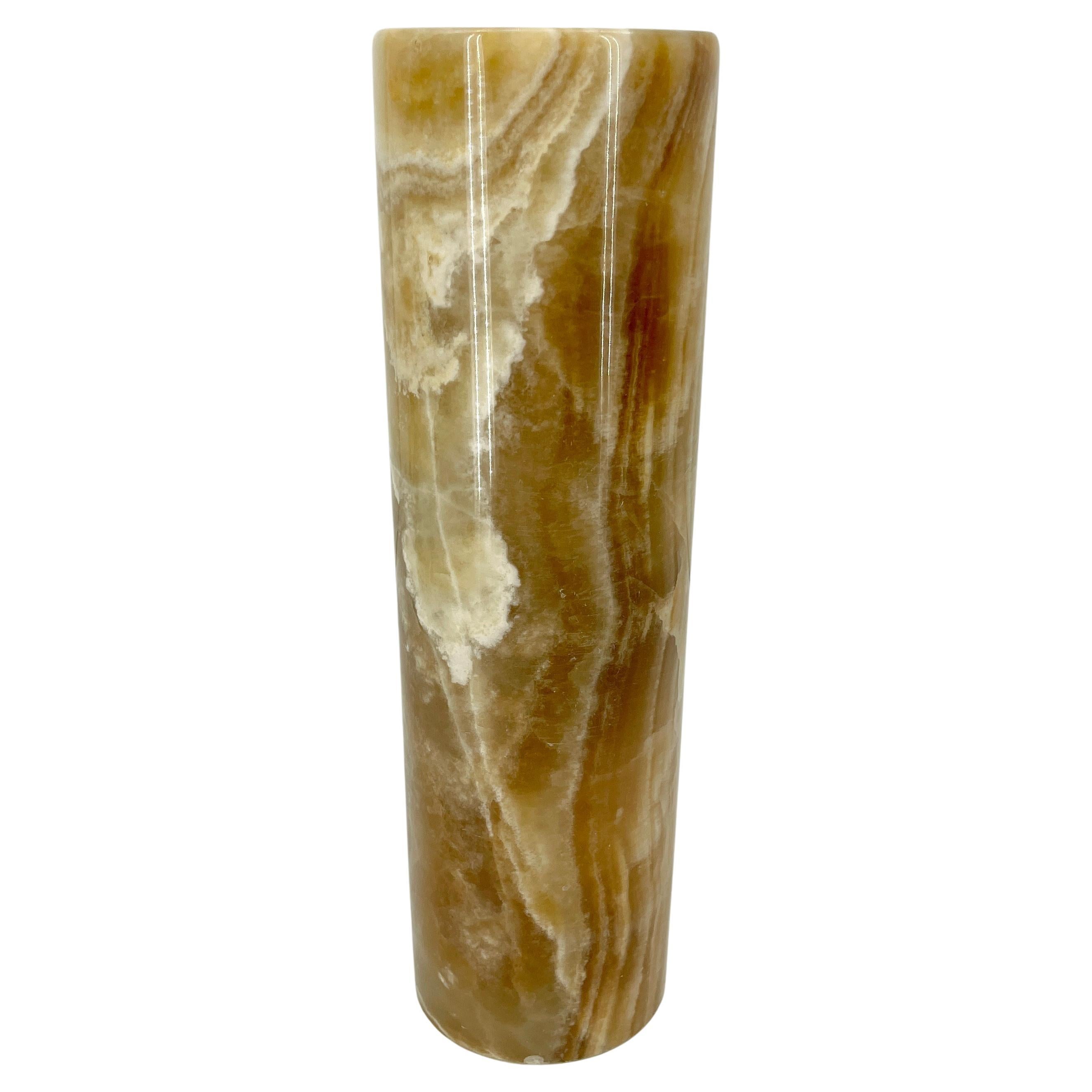 Mid-Century Modern Vintage Hand Crafted Onyx Cylindric Decorative Vase, Italy 1970's For Sale