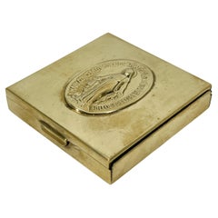 Antique Small Square Brass Box With Angel Insignia, America Early 20th Century