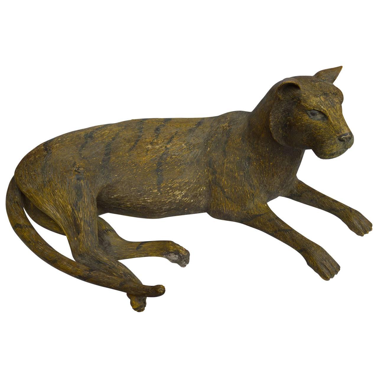 Wood Carved and Original Painted Panther Sculpture