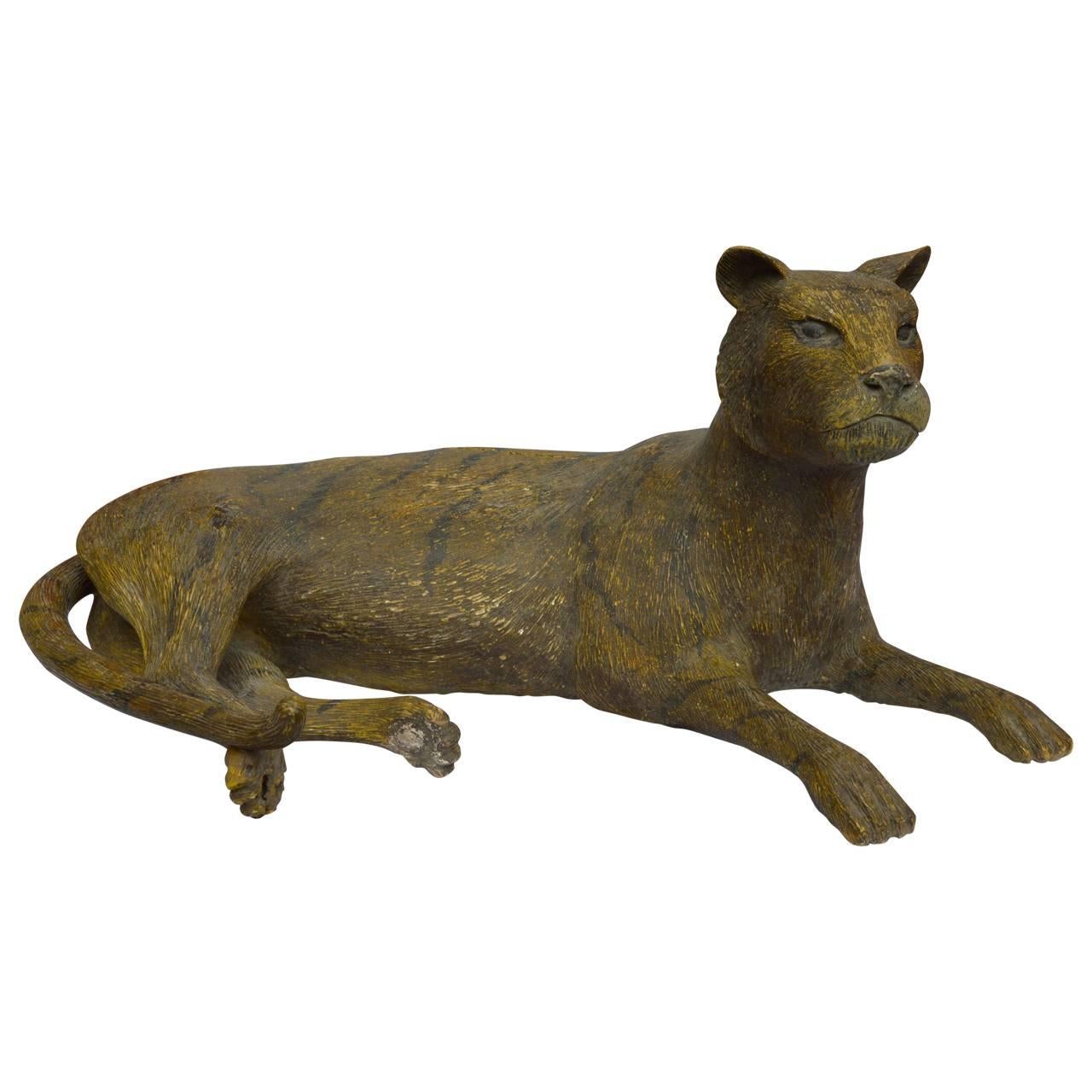 Carved and Original Painted Panther Sculpture