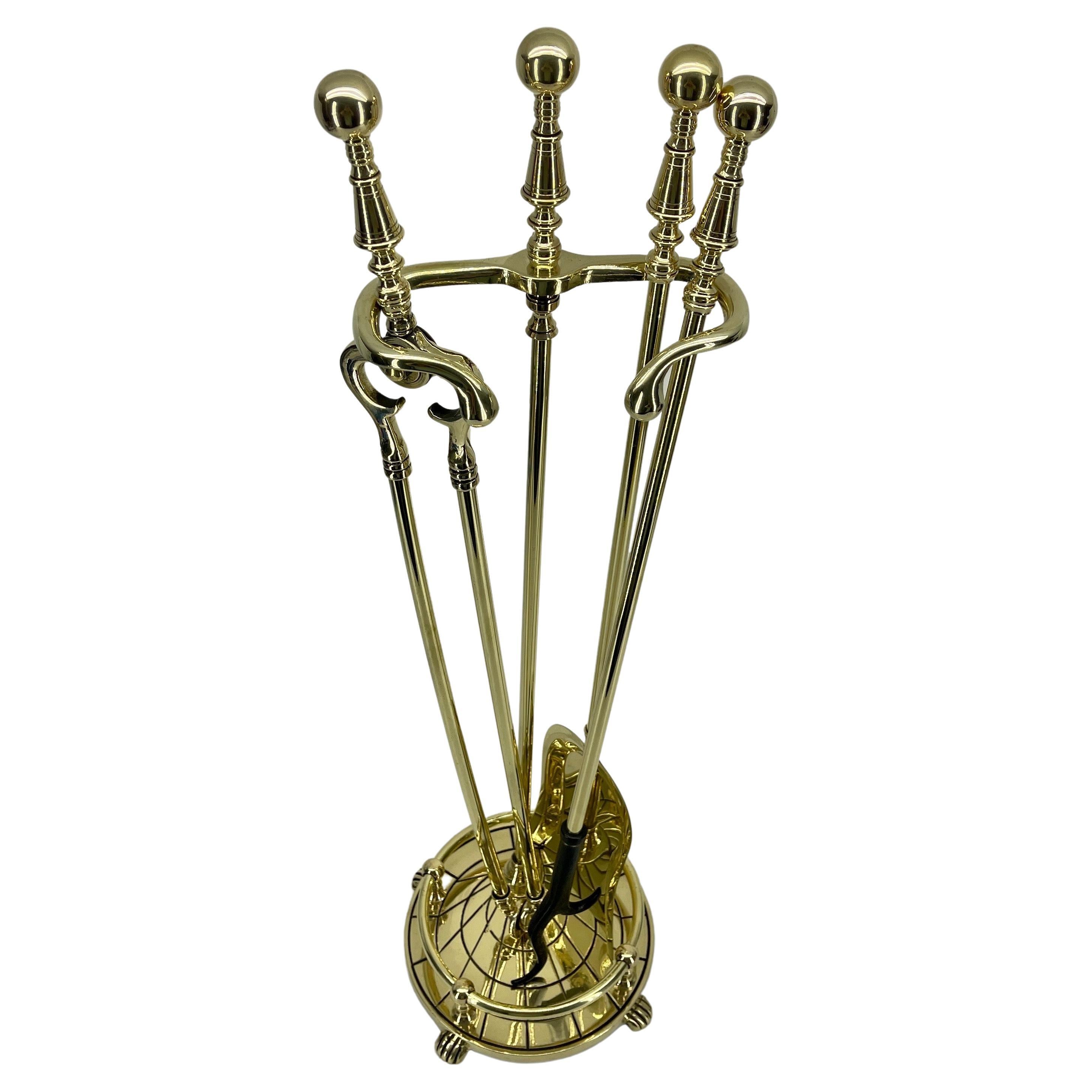 American 3 Piece Set of Brass Fireplace Tools with Spider Web Decor For Sale