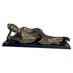 Large Mandalay Style Gilt Bronze Reclining Buddha Sculpture on Black Marble Base