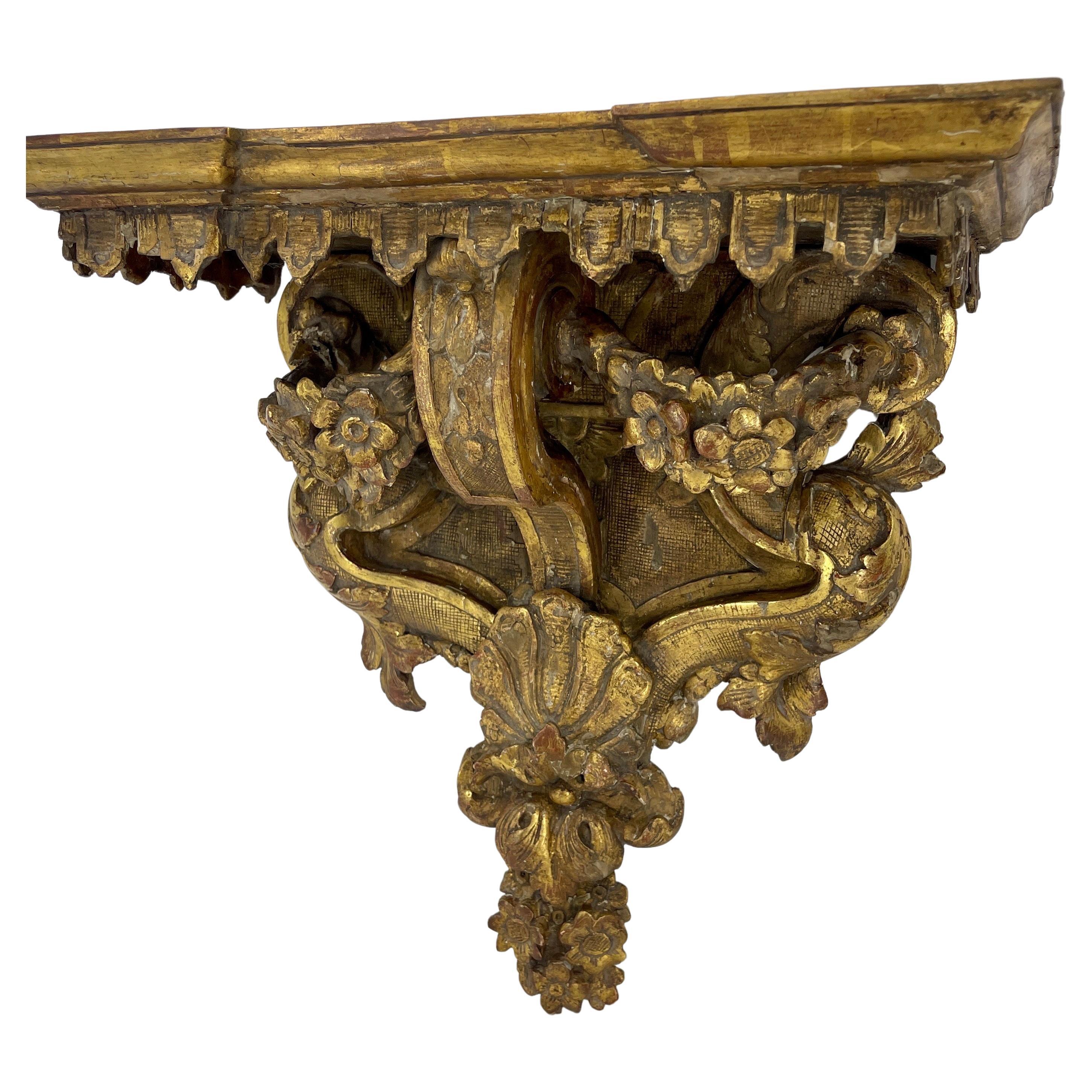 Late 18th Century Architectural Gilded Wall Fragment Shelf, Italy