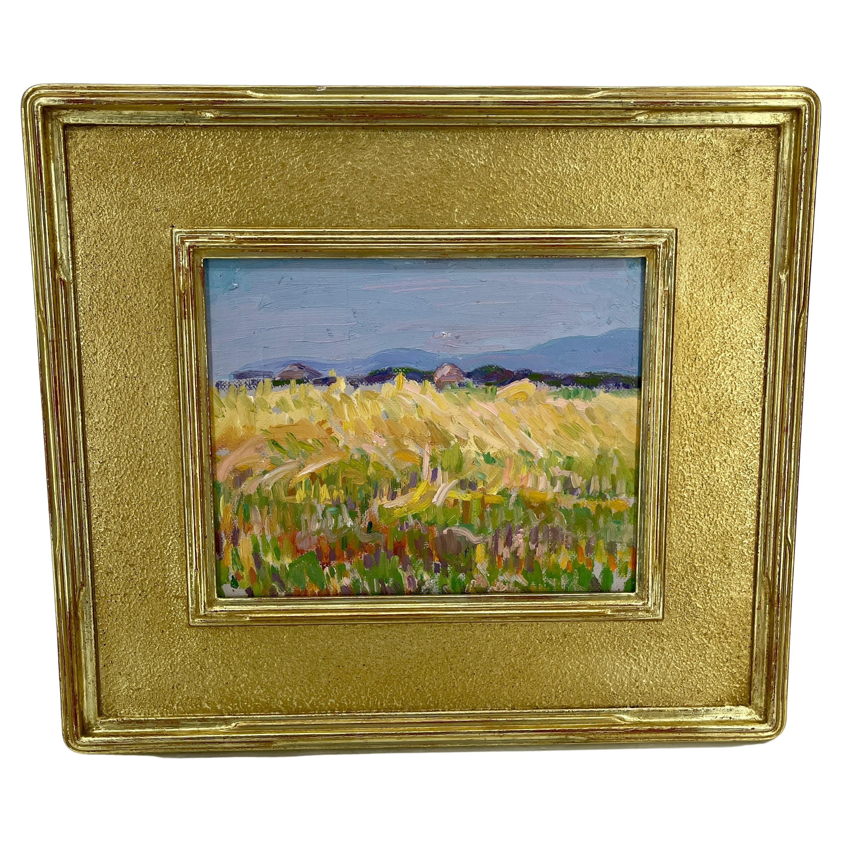 French Impressionist Landscape Oil Painting With Haystacks, circa 1930's For Sale