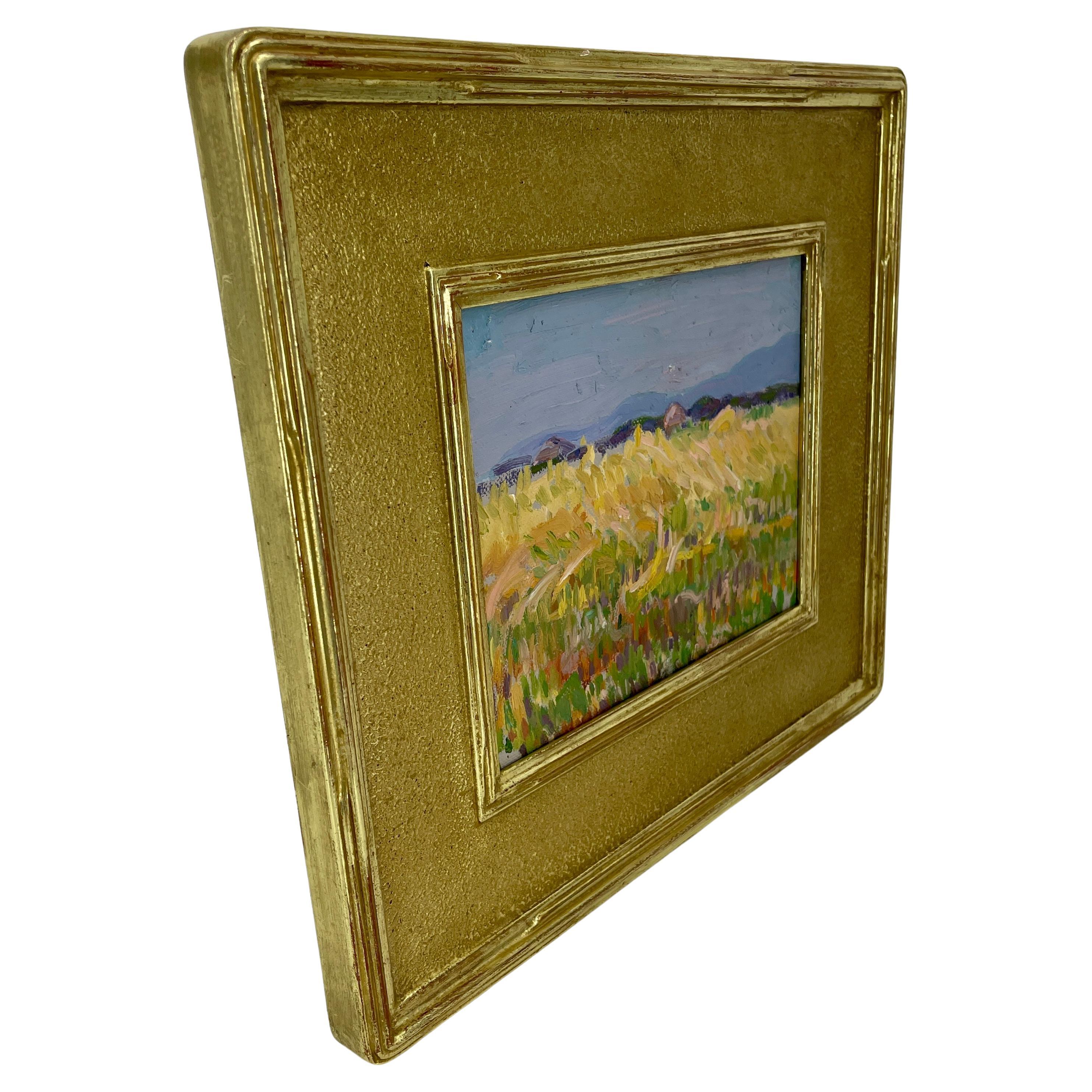 French Impressionist Landscape Oil Painting With Haystacks, circa 1930's For Sale 1