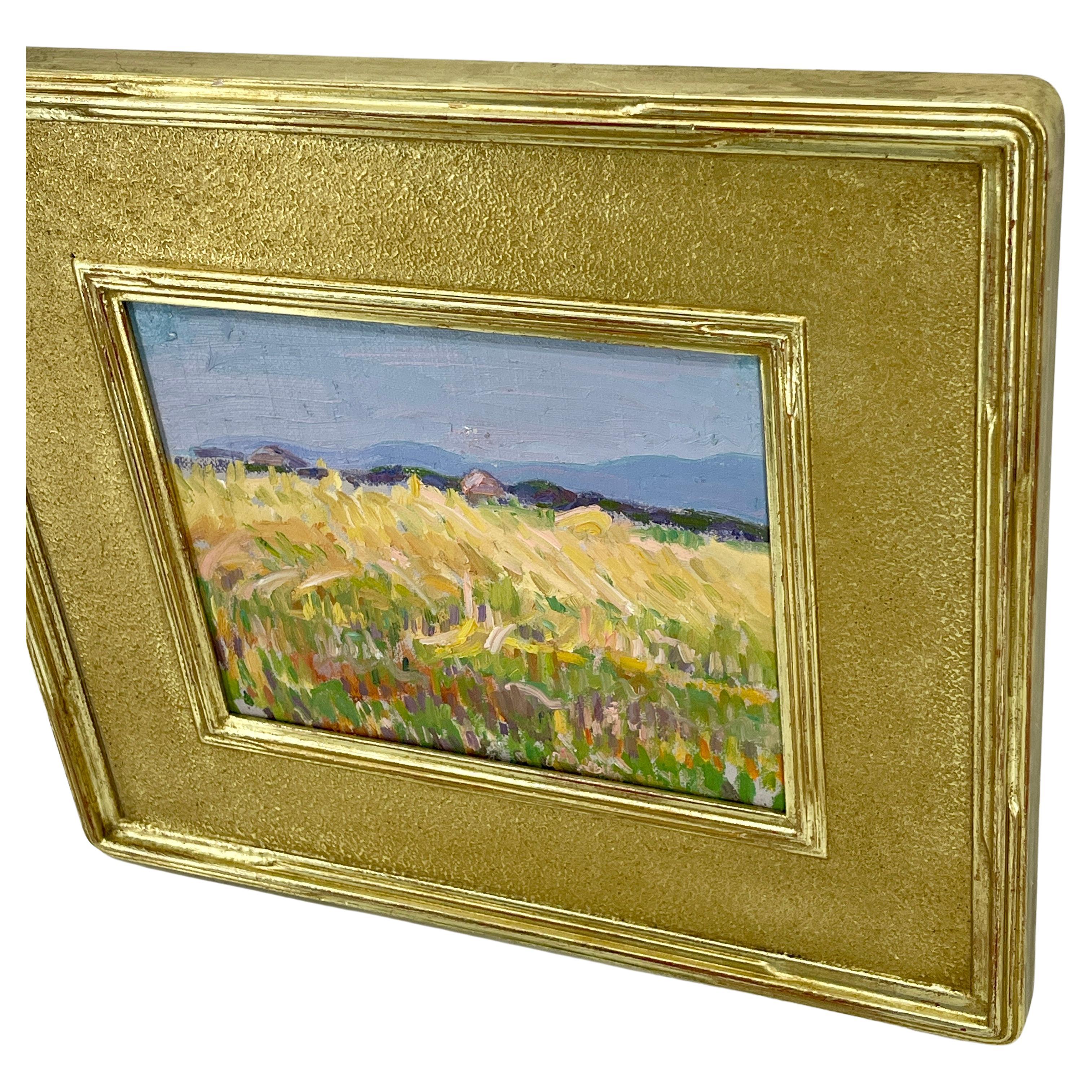Hand-Crafted French Impressionist Landscape Oil Painting With Haystacks, circa 1930's For Sale