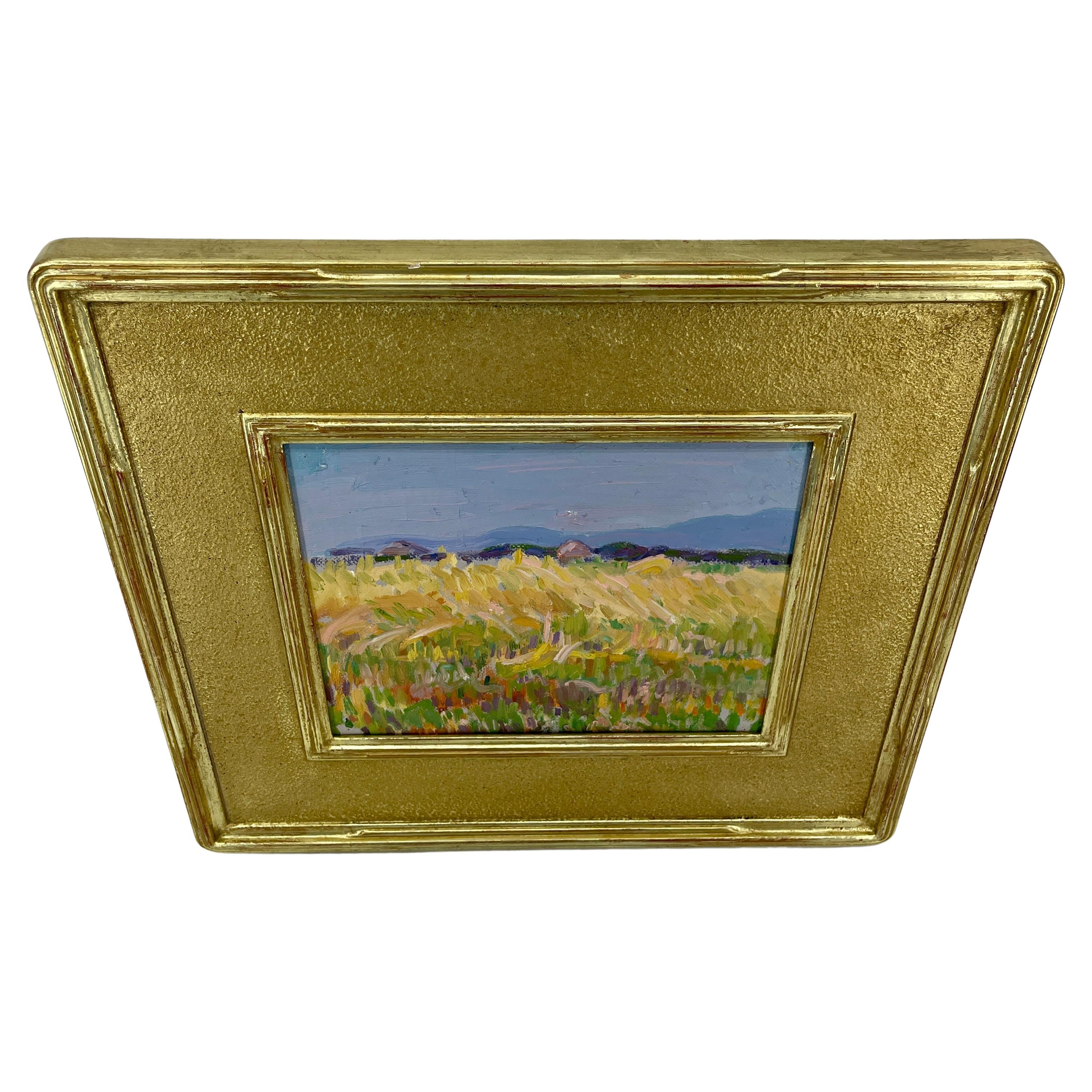 French Impressionist Landscape Oil Painting With Haystacks, circa 1930's In Good Condition For Sale In Haddonfield, NJ