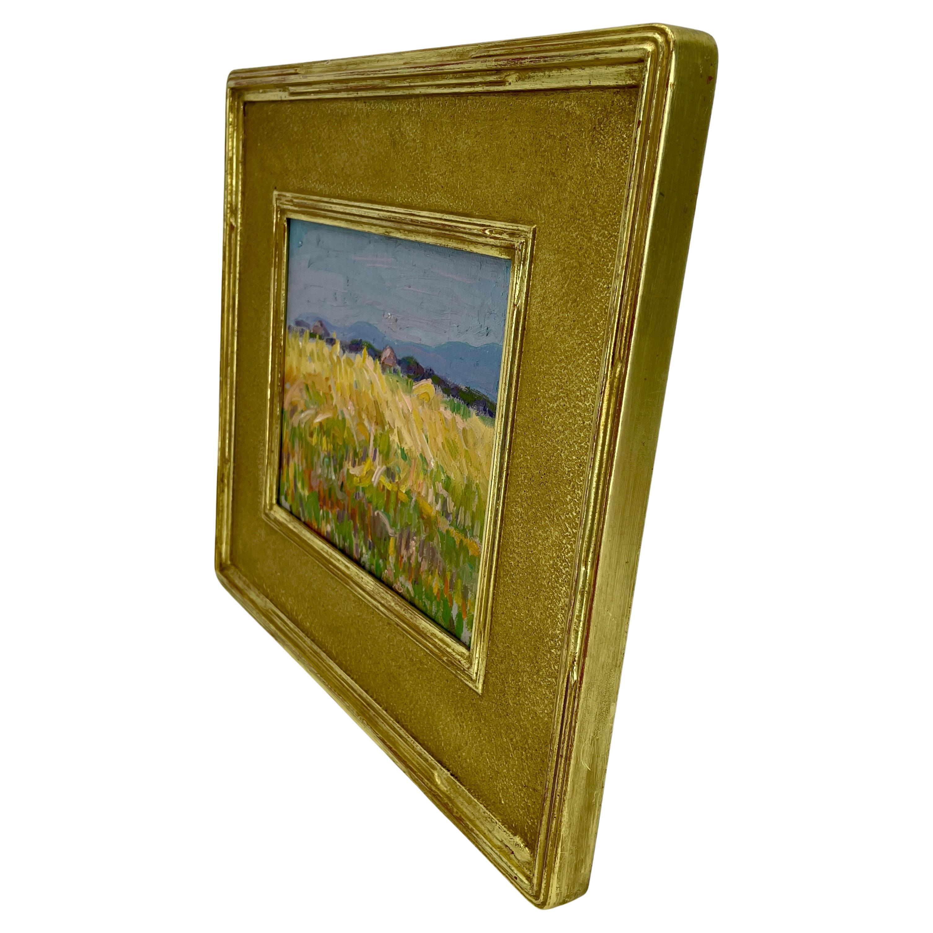 Fait main Peinture à l'huile de paysage impressionniste français avec meules de foin, vers 1930 en vente