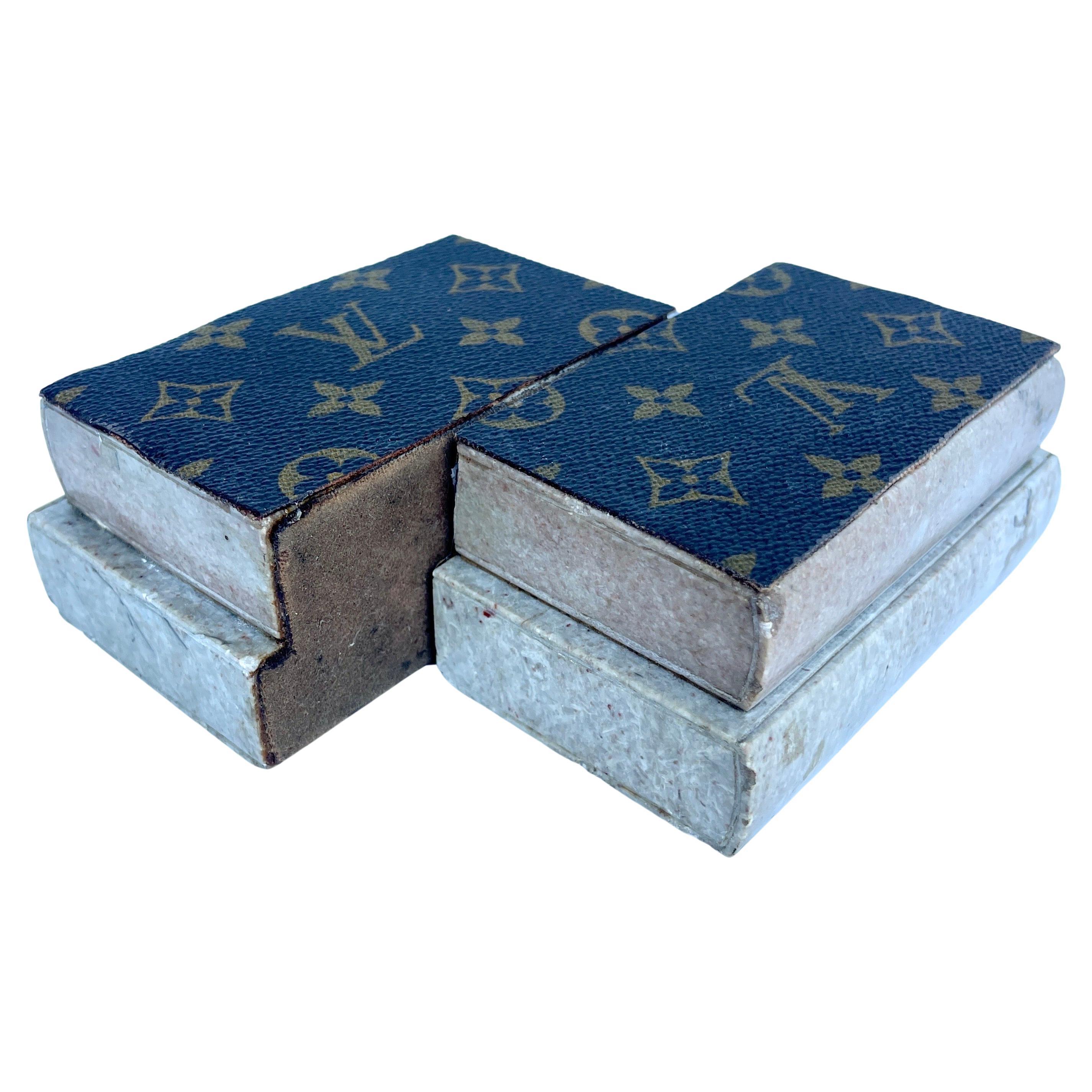 Pair Solid Marble Bookends with Louis Vuitton Monogram Leather