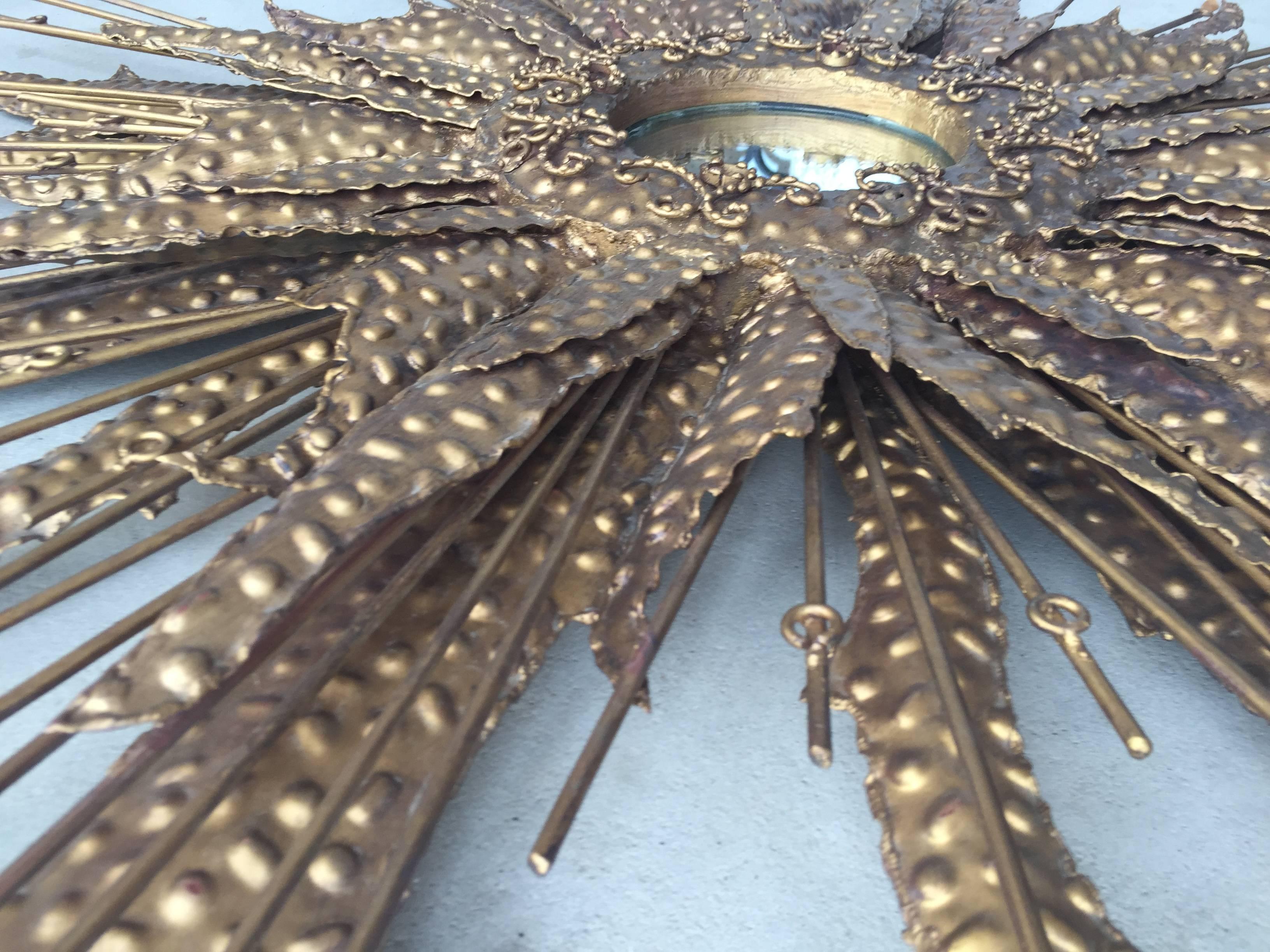 Large French Mid-Century Brass Sunburst Mirror In Good Condition In Haddonfield, NJ