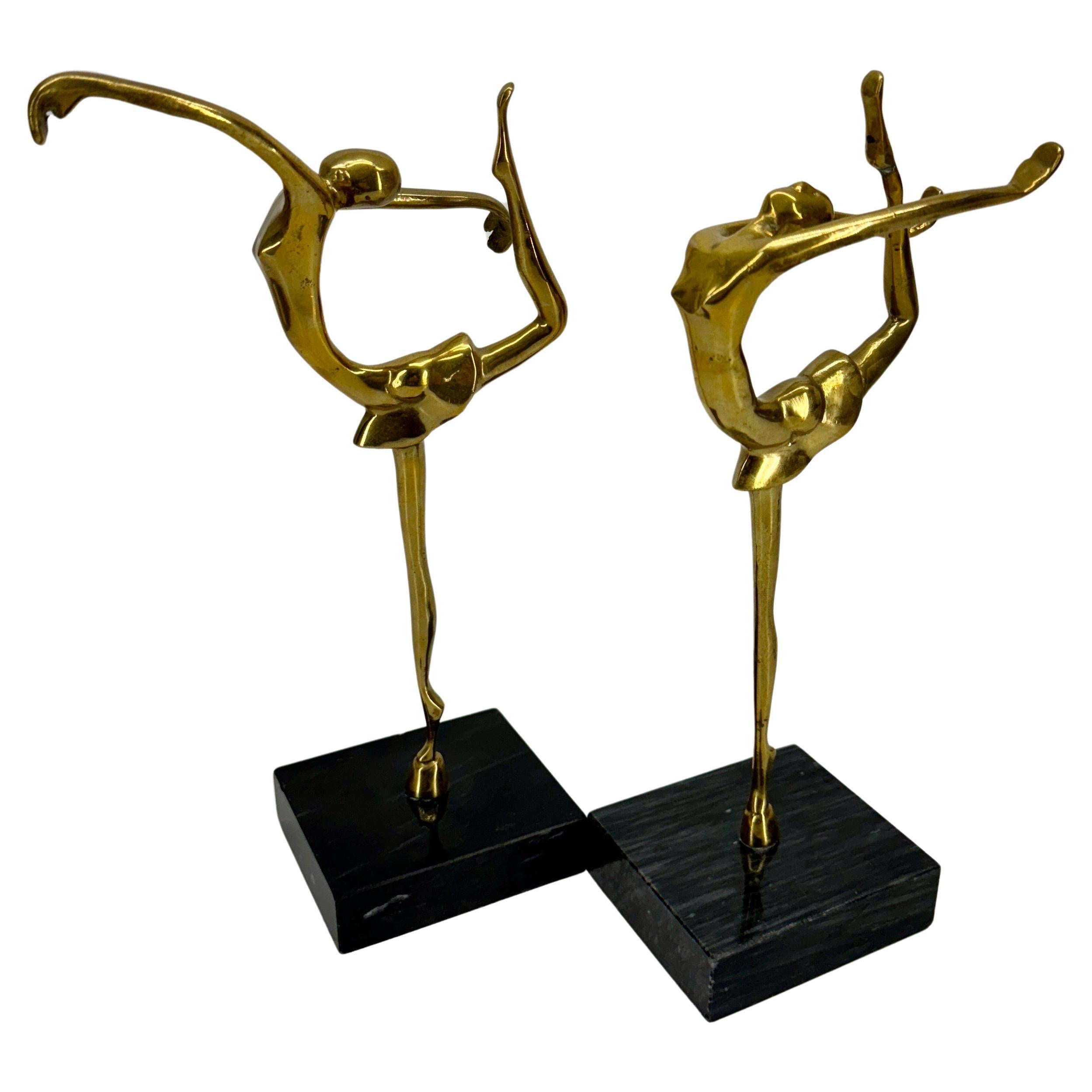 Pair Mid-Century Brass Ballerinas Table Sculptures on Marble