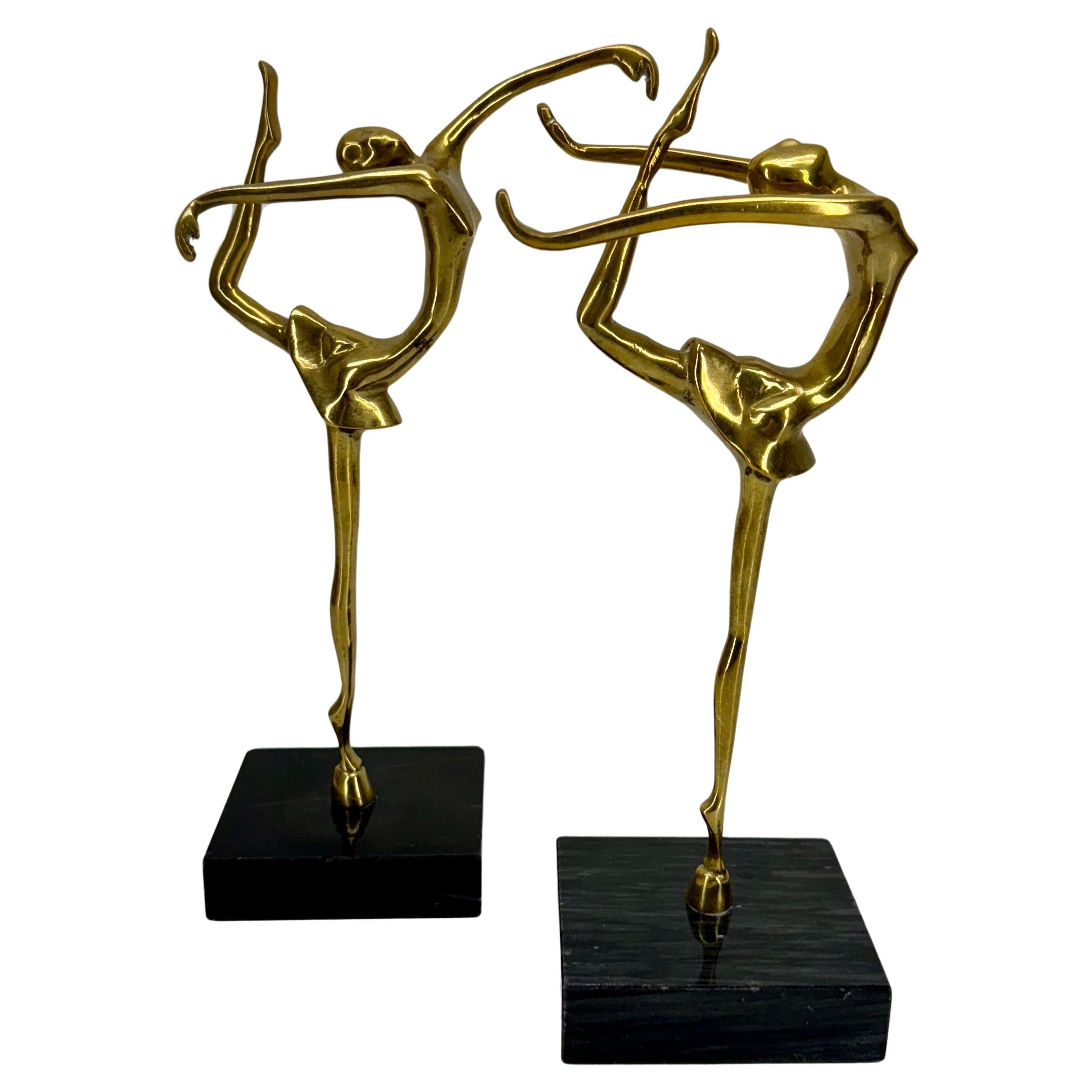 American Pair Mid-Century Brass Ballerinas Table Sculptures on Marble For Sale