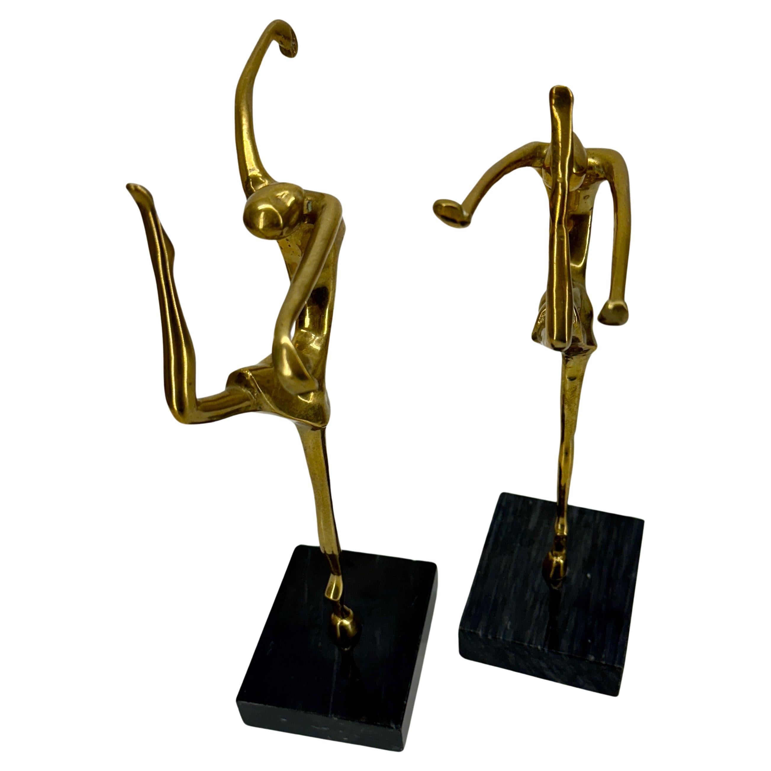 Mid-Century Modern Pair Mid-Century Brass Ballerinas Table Sculptures on Marble For Sale