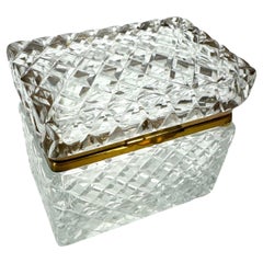 Vintage Rectangular Baccarat Style Cut Crystal Lidded Box with Brass Hardware