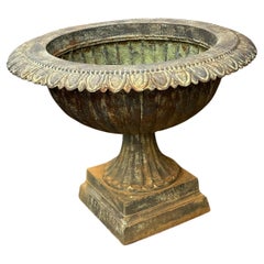 Vintage Large Wide-diameter Cast Iron Urn on Stand, Garden Planter