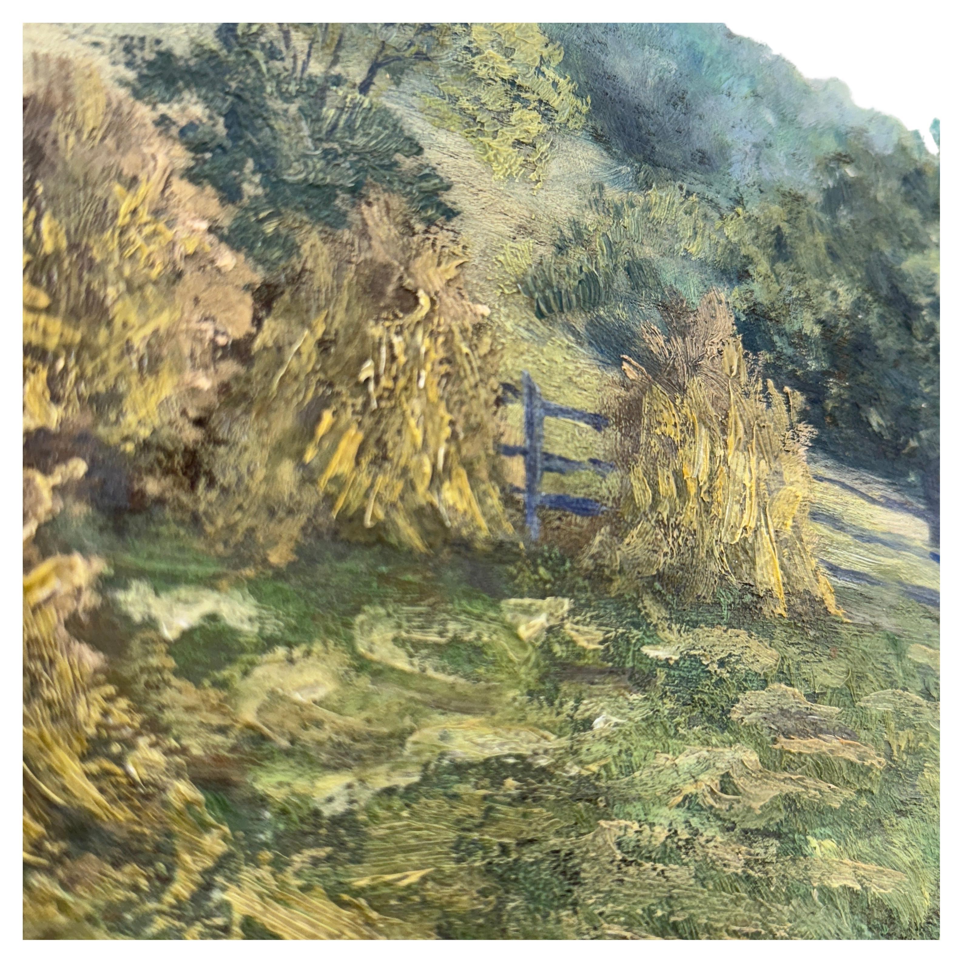 French Haystack Field Landscape Oil Painting Framed, Early 20th Century For Sale 8