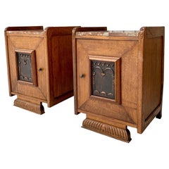 Pair of French Art Deco Nightstands in Oak And Marble