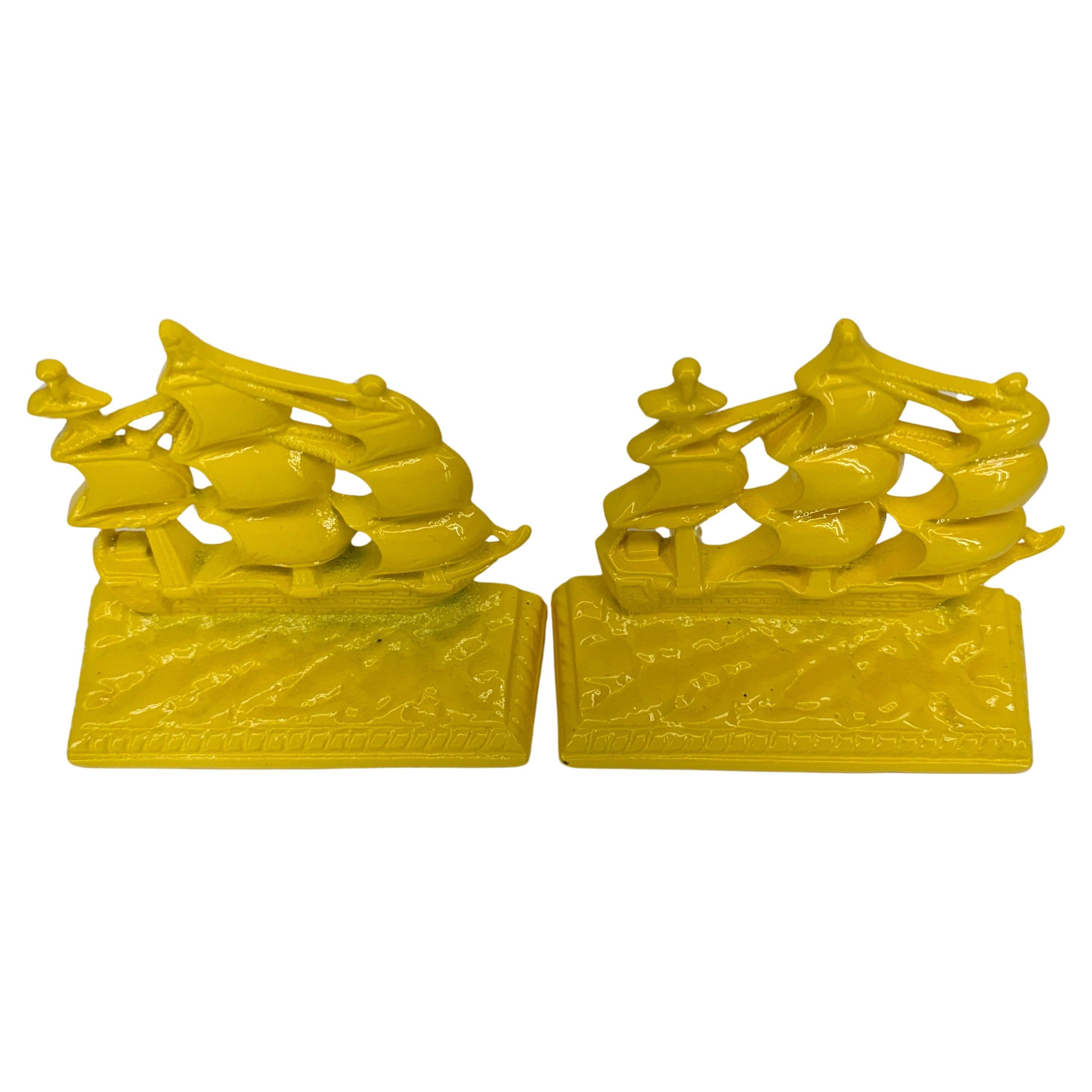 Metal Pair of Mid-Century Modern Sunshine Yellow Boat Bookends For Sale