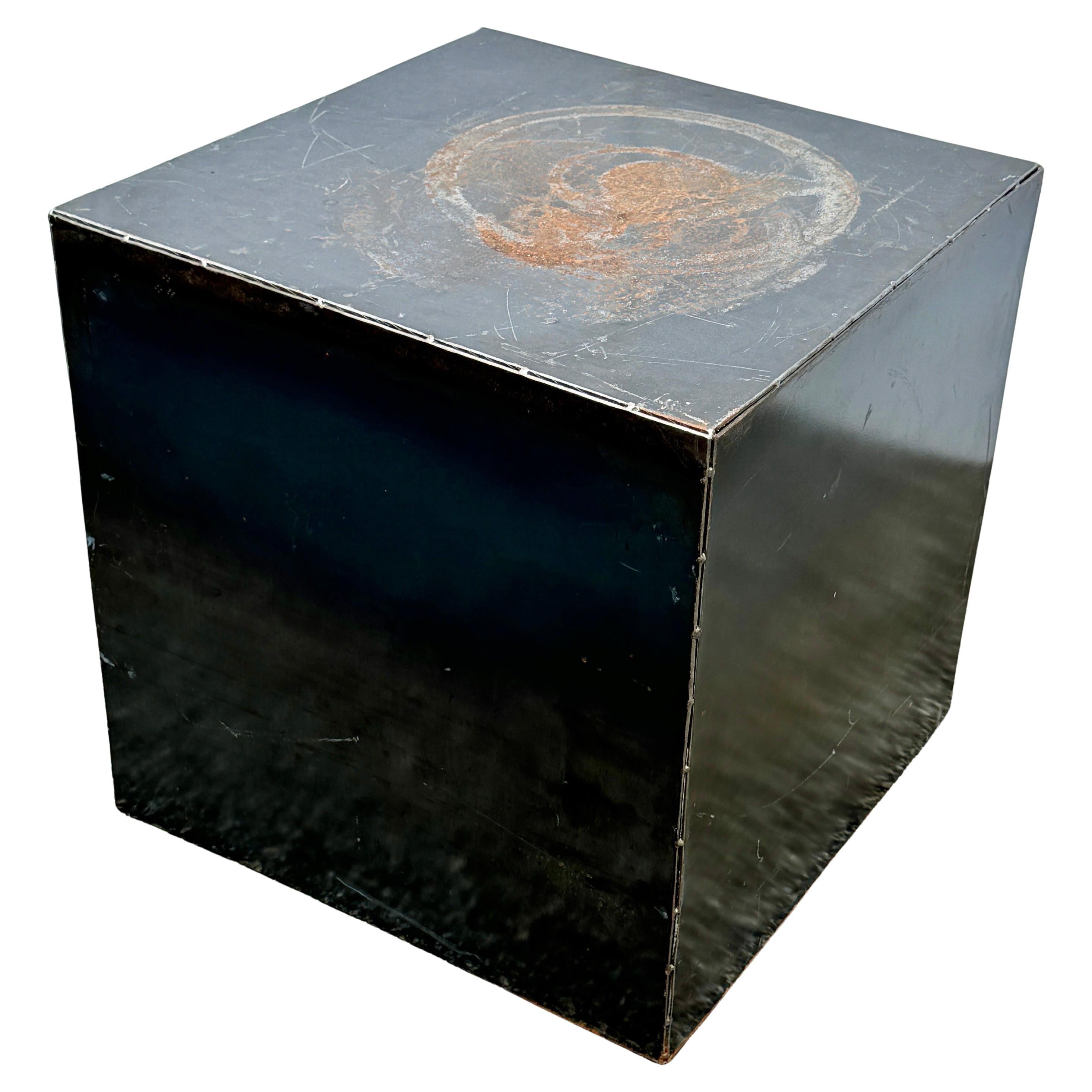 Patinated Steel Cube Pedestal Table, Industrial Modern Design For Sale
