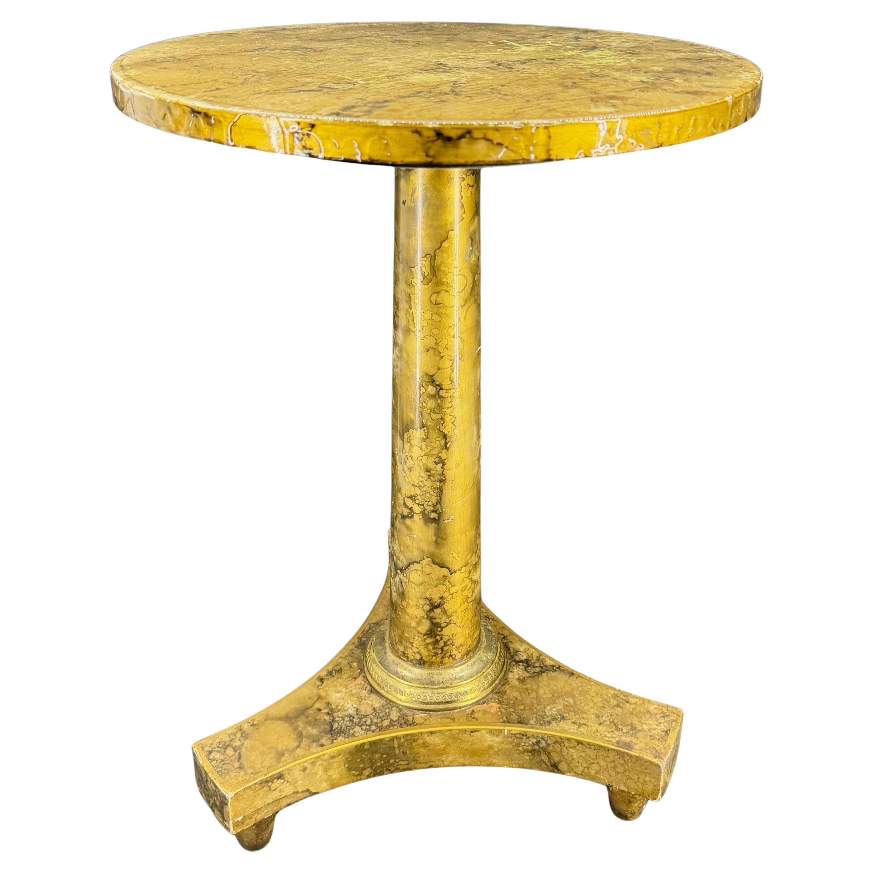 Small Round Vintage Baker Pedestal Table In Gold Trompe L'oeil