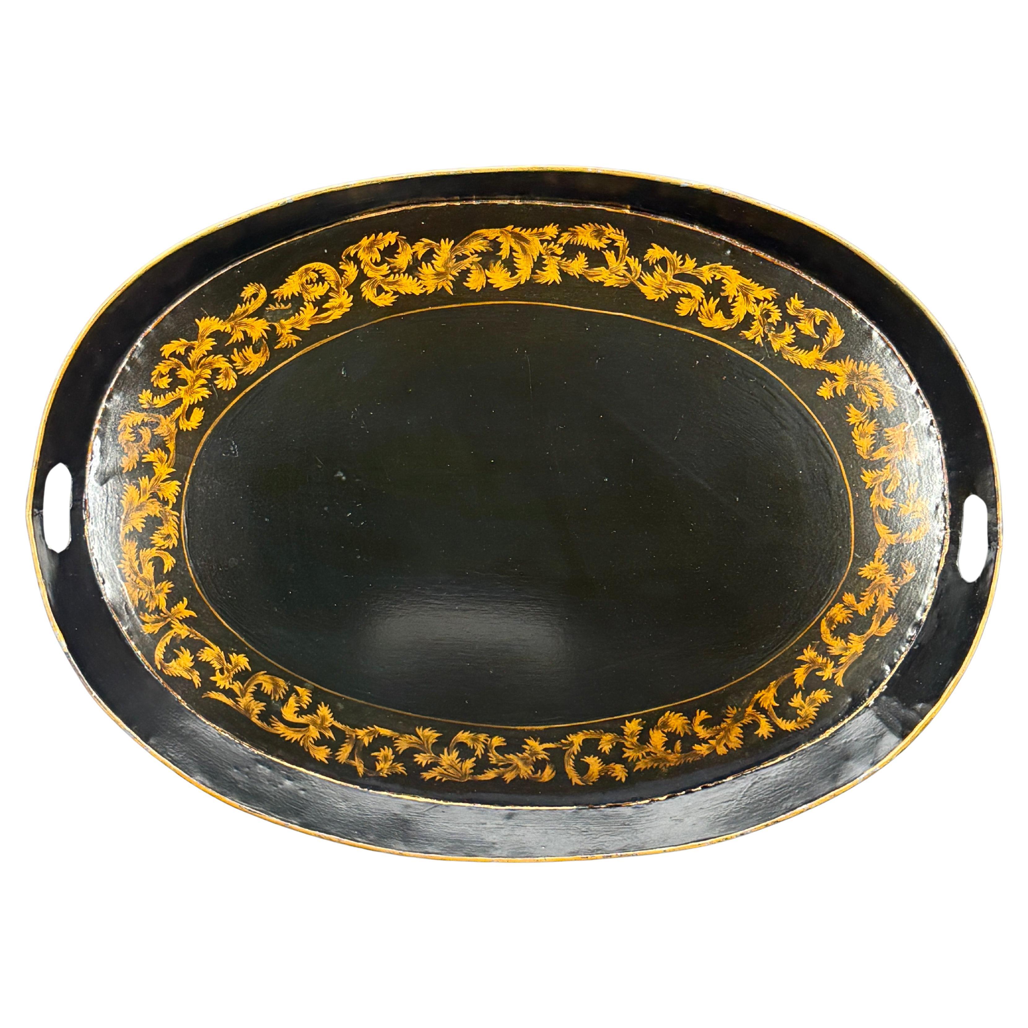 Large 19th Century Black Tole Metal Oval Serving Tray with Handles