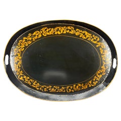 Antique Large 19th Century Black Tole Metal Oval Serving Tray with Handles