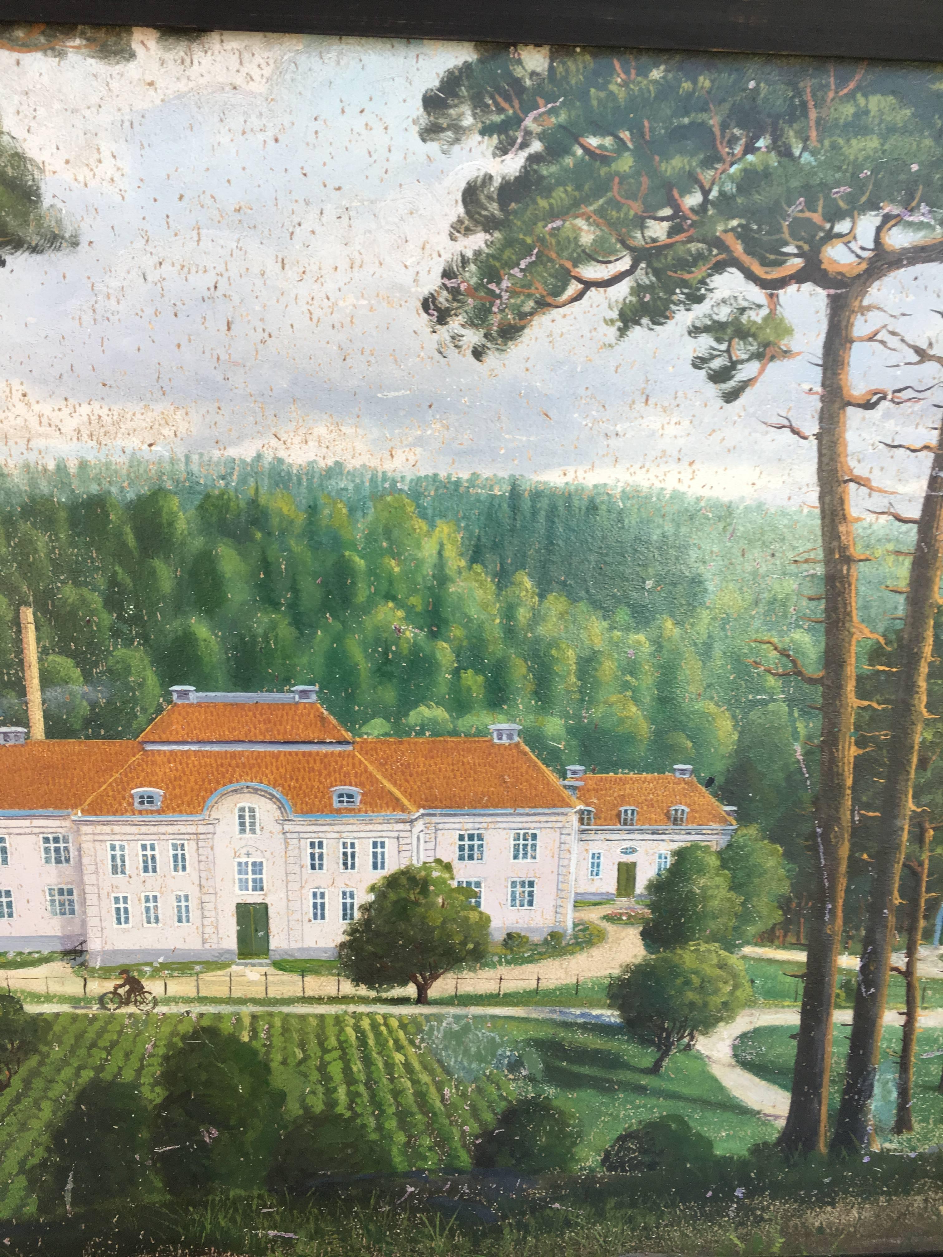 Gustavian Swedish Oil Painting on Wood Castle Boraas