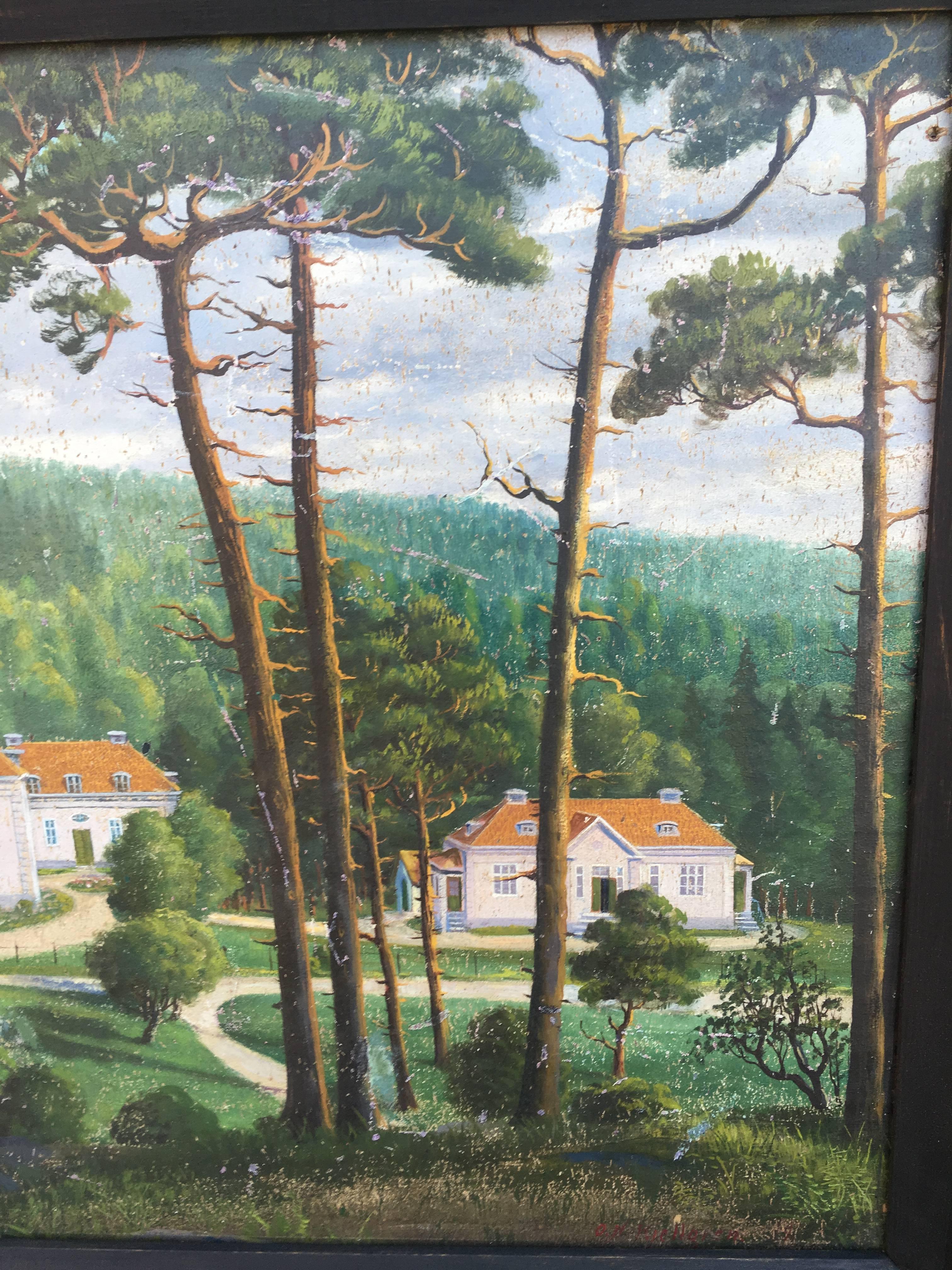Woodwork Swedish Oil Painting on Wood Castle Boraas