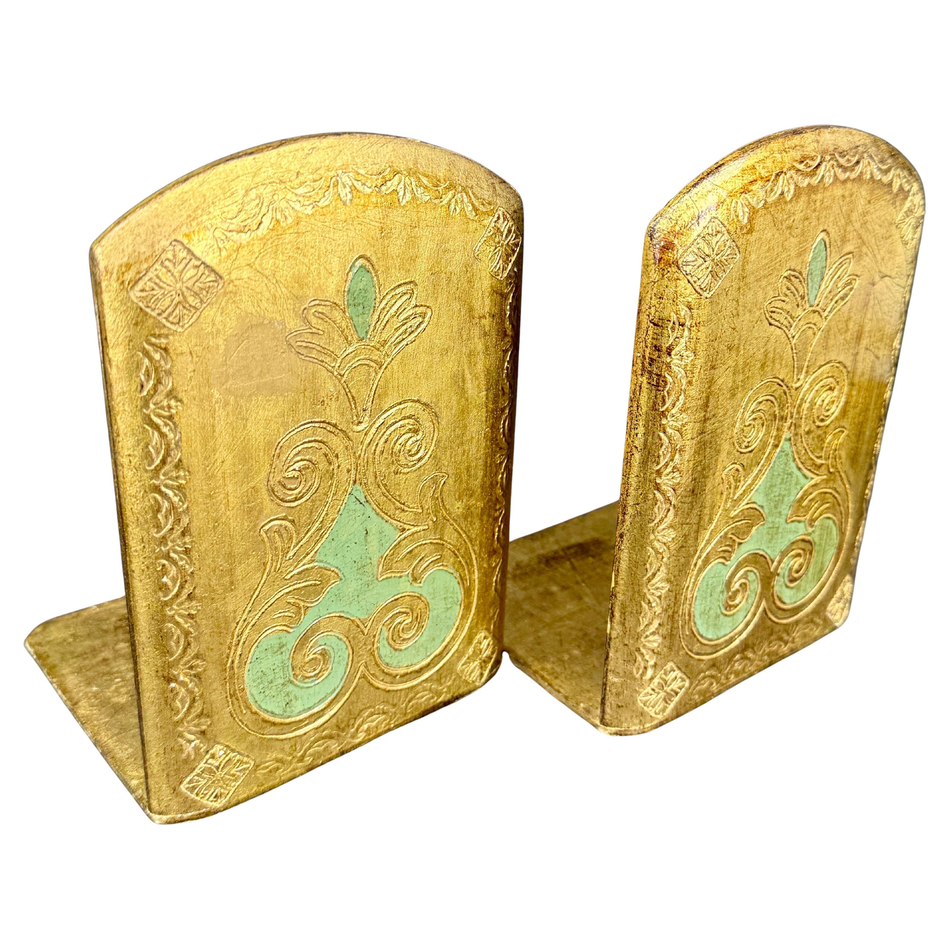 Hand-Carved Pair of Italian Florentine Gold Gilt Wood Bookends Mid-Century Modern For Sale