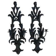 Pair of French Blue Painted Wood Candle Wall Sconces, Wheat and Acanthus