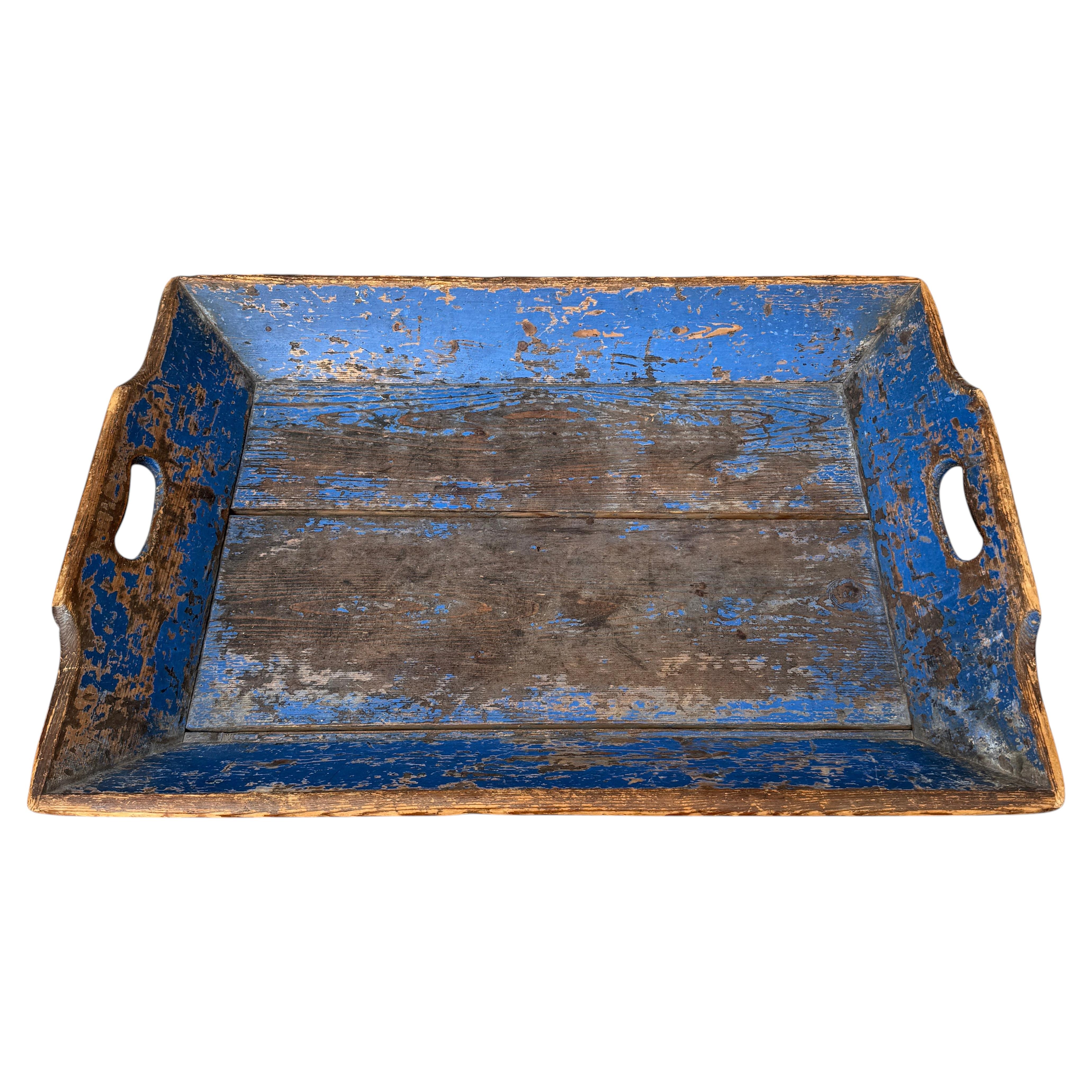 French 19th Century Blue Original Painted Wooden Tray with Handles For Sale