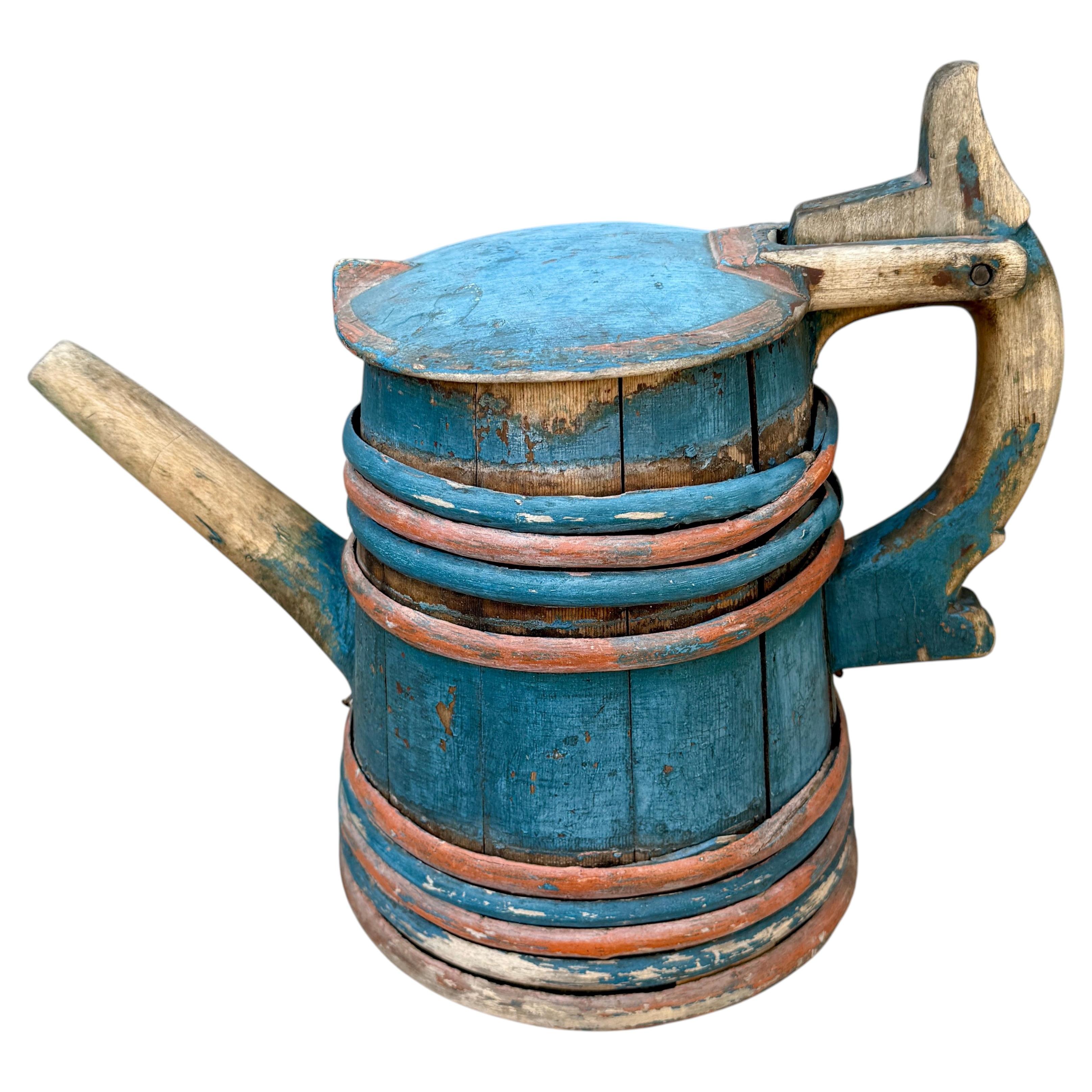 19th Century Swedish Original Painted Wooden Tankard Jug