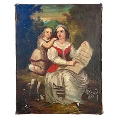 19th Century Swedish Oil Painting of a Woman Teaching a Girl