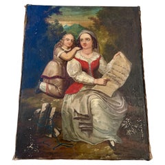 19th Century Swedish Oil Painting of a Woman Teaching a Girl