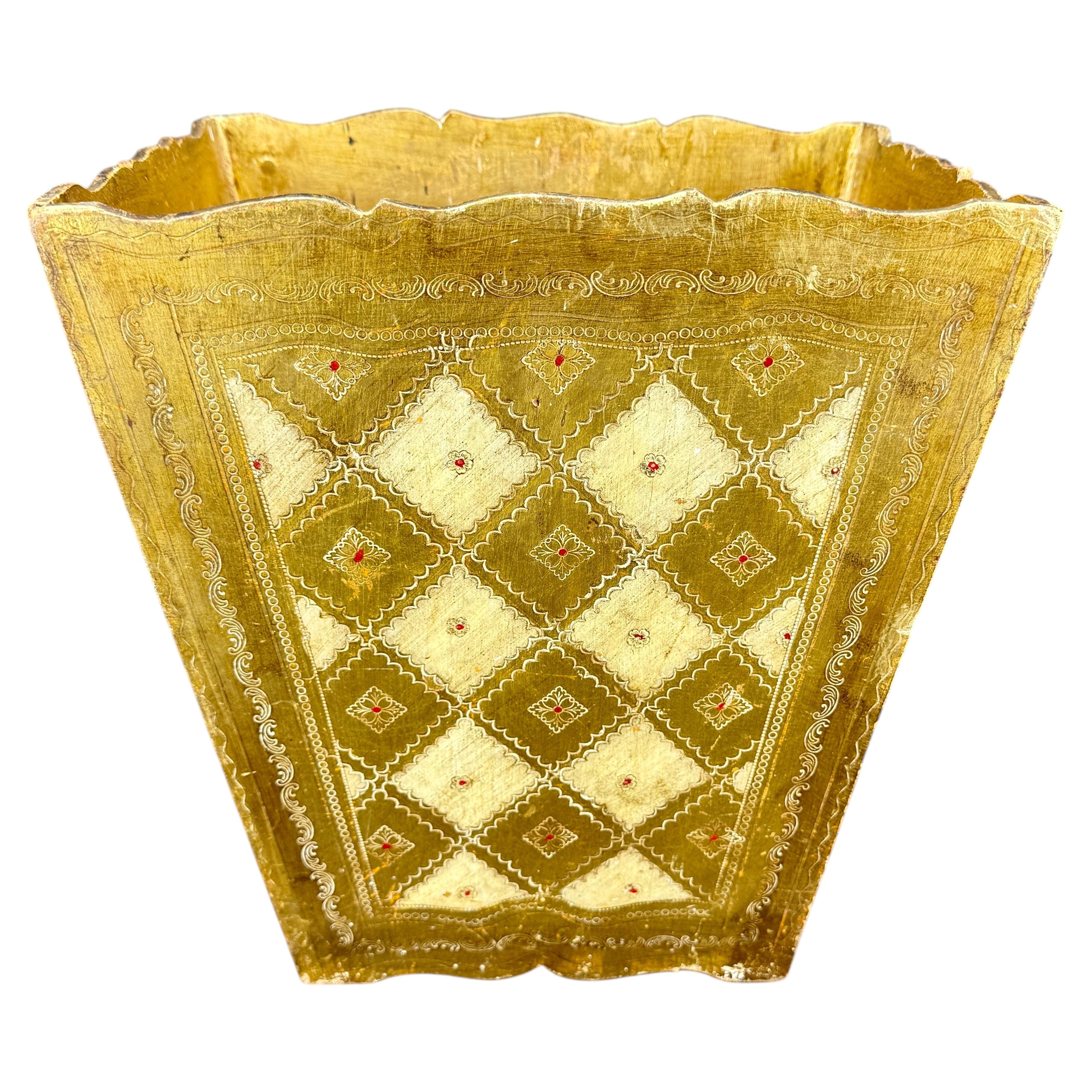 Italian Florentine Gold and Cream Wastebasket Trash Can, Mid-Century Modern For Sale