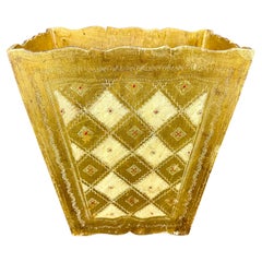 Italian Florentine Gold and Cream Wastebasket Trash Can, Mid-Century Modern