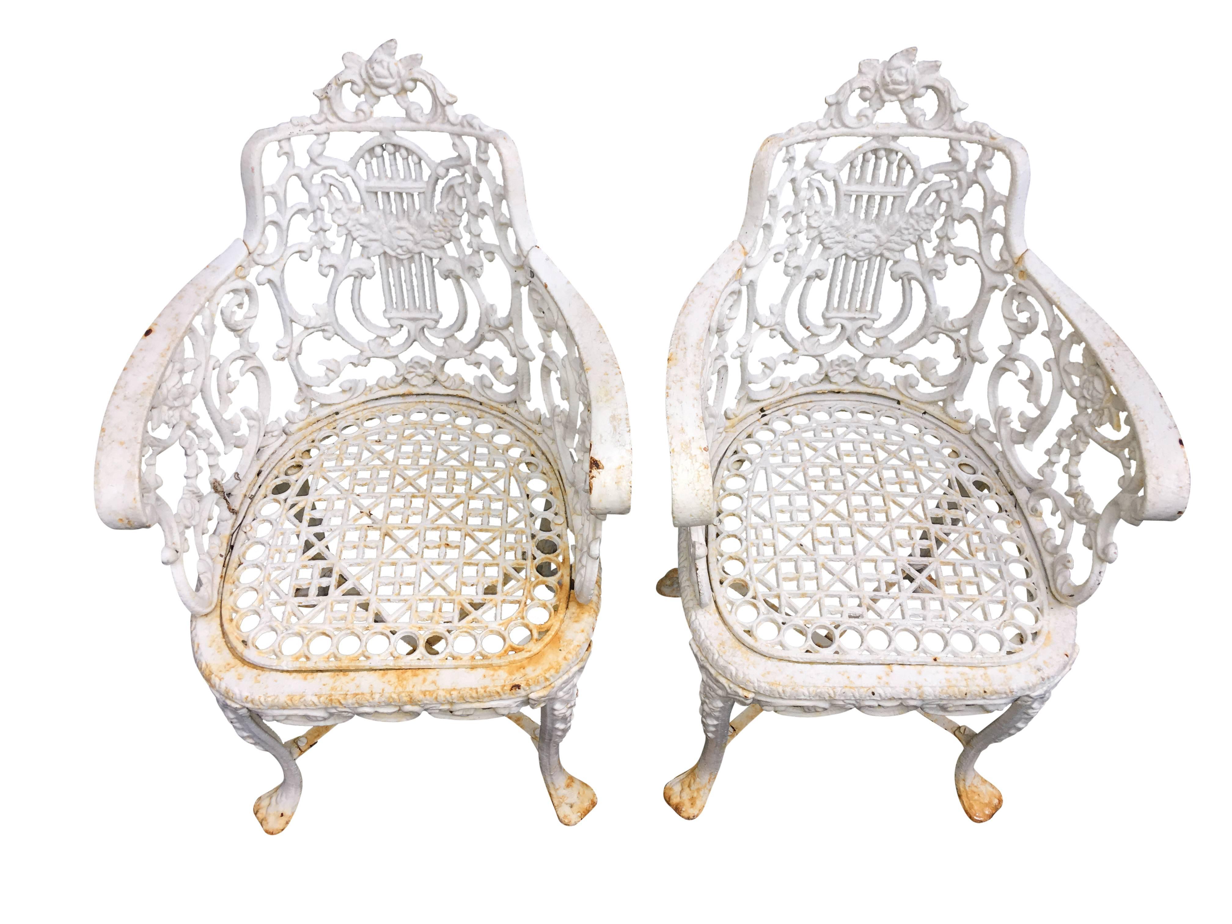 Pair Of Early Cast Iron Patio Armchairs, Robert Wood Foundry 1