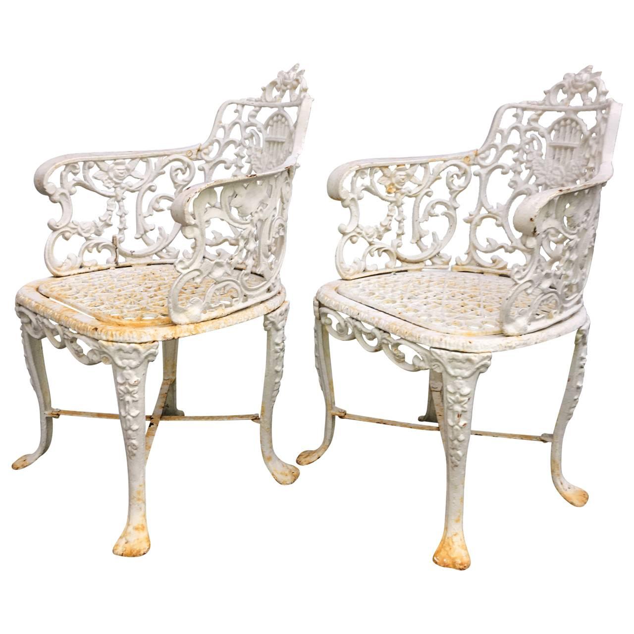 Victorian Pair Of Early Cast Iron Patio Armchairs, Robert Wood Foundry