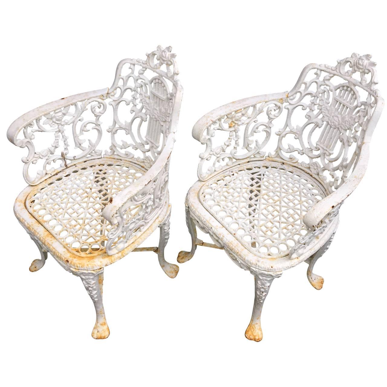 American Pair Of Early Cast Iron Patio Armchairs, Robert Wood Foundry
