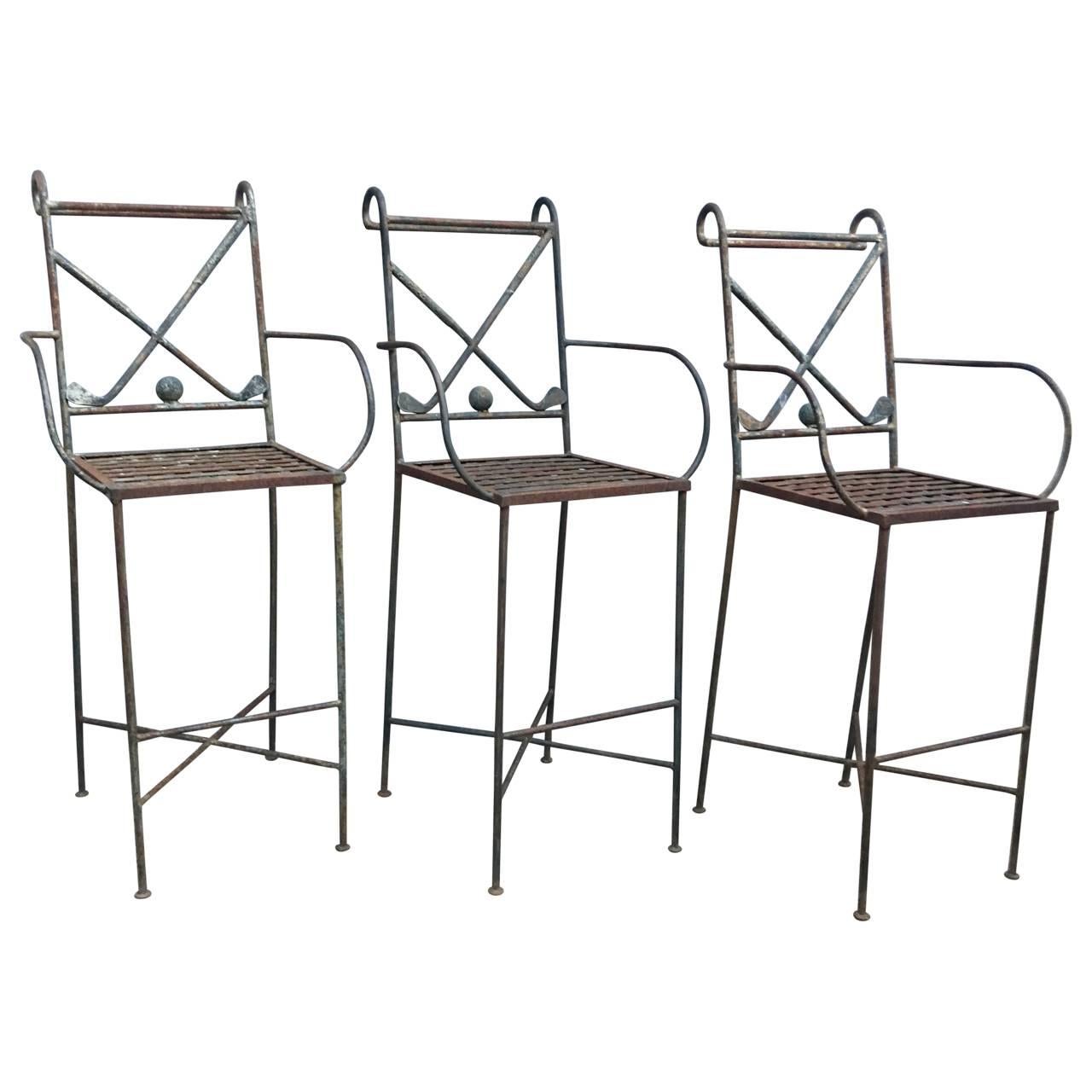 Set Of 3 Metal Golf-Themed Bar Stools With White Pillows In Good Condition In Haddonfield, NJ