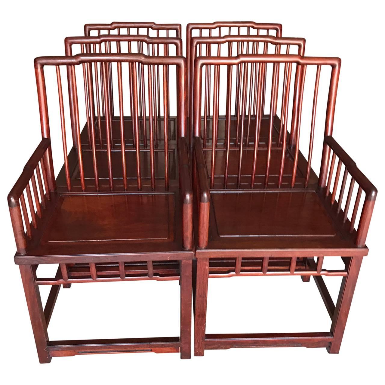 20th Century Set of Six Elegant Chinese Hardwood Dining Room Chairs